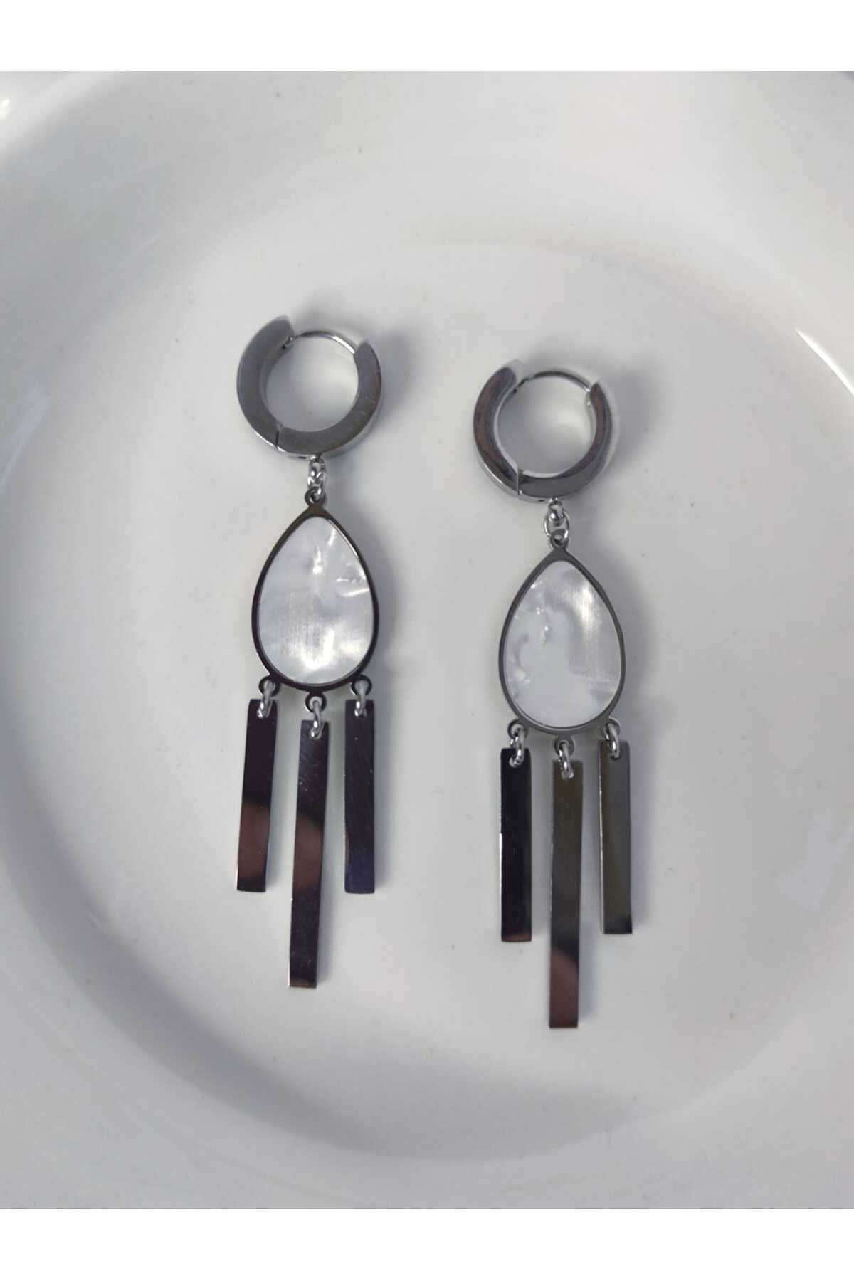 MoS JEWELLERY Taşlı Gümüş Renk Sallantılı Küpe - Paslanmaz Çelik