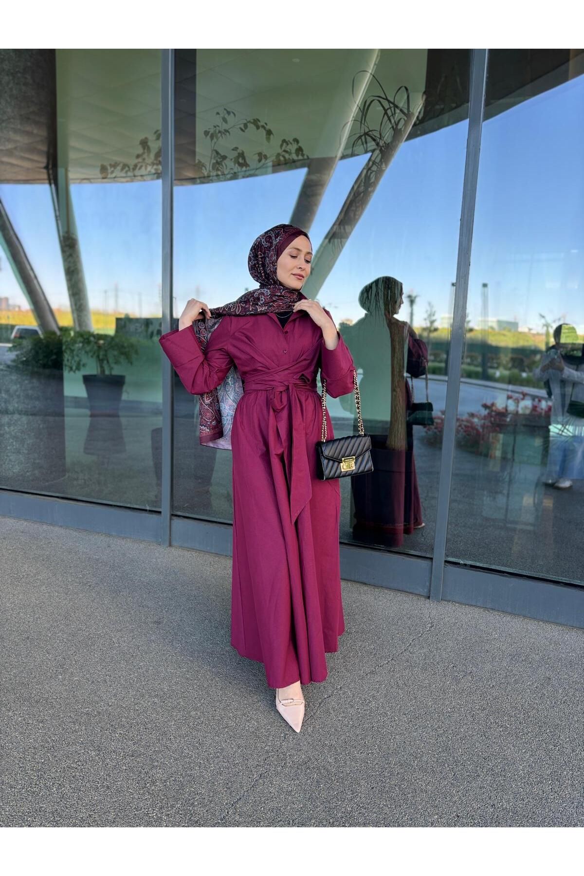 RASTA Gömlek Model Bordo Belden Bağlamalı Elbise