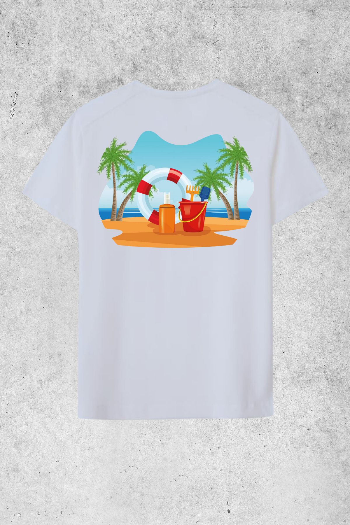MOLICO Basic unisex sıfır yaka kısa kollu PLAJ DESENLİ SIRT baskılı OVERSİZE tshirt