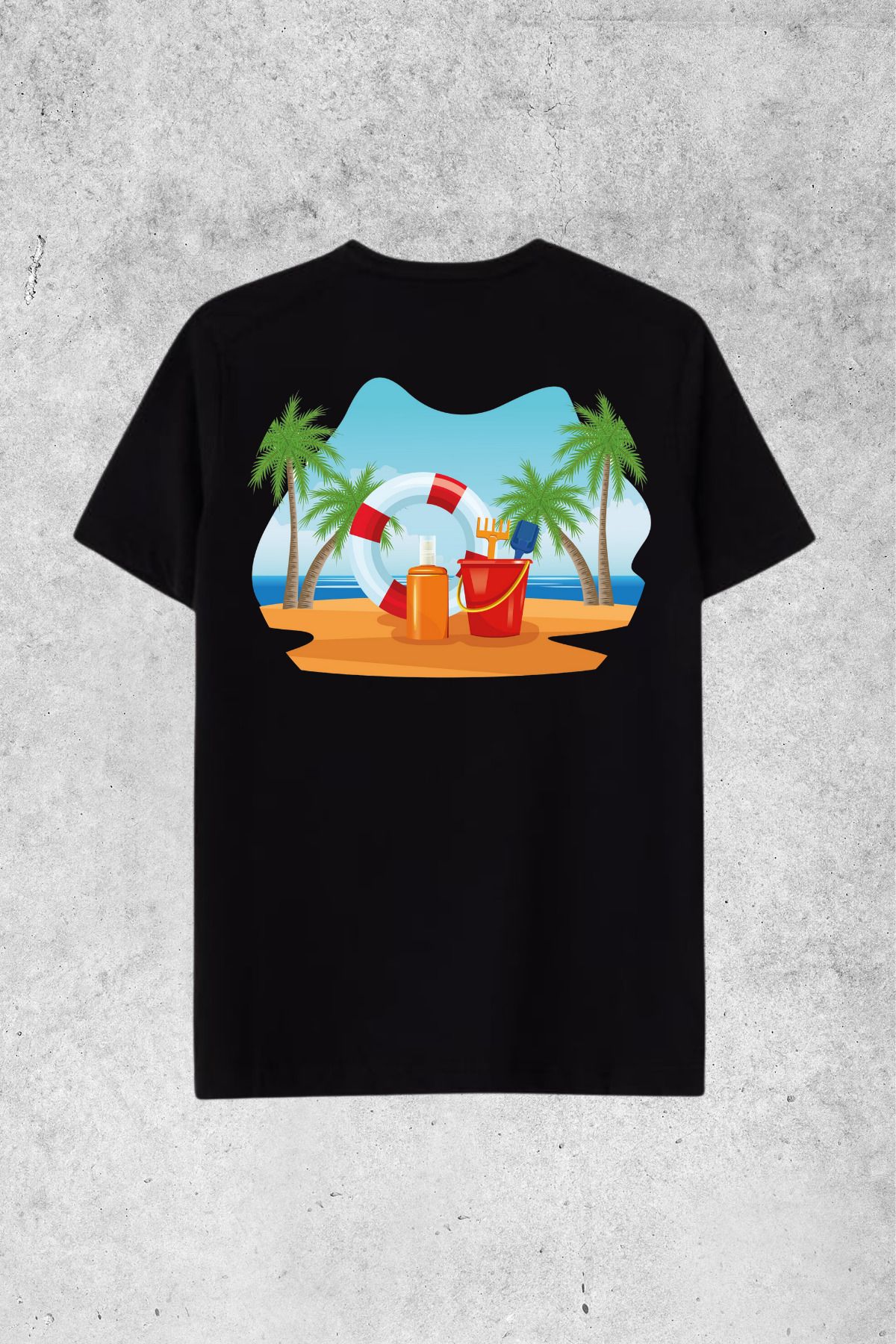 MOLICO Basic unisex sıfır yaka kısa kollu PLAJ DESENLİ SIRT baskılı OVERSİZE tshirt