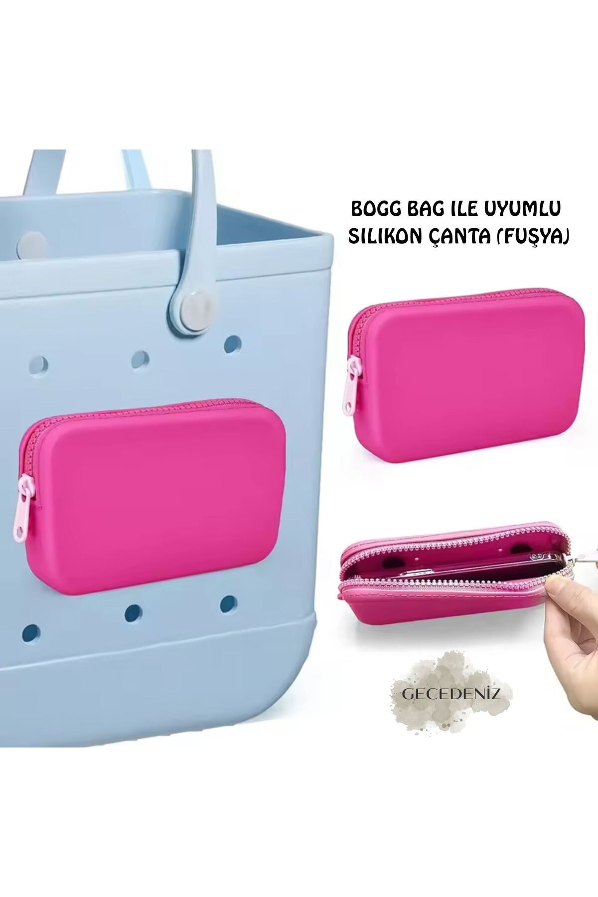 GECEDENİZ Bogg Bag Eva Plaj Çantası ile Uyumlu Silikon Cüzdan - FUŞYA