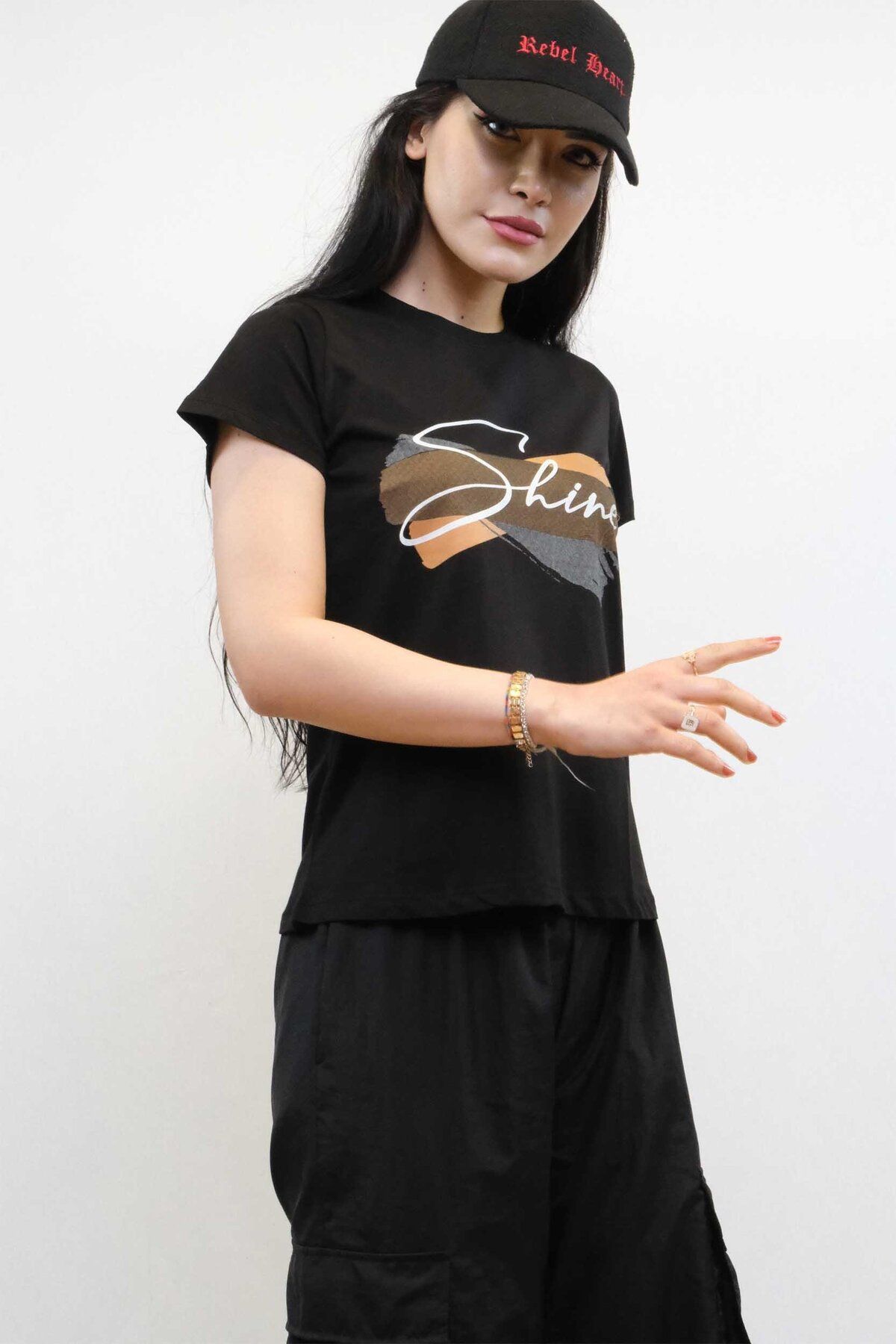 LLOHA Moda Çizgi Shine Baskılı Tshirt Siyah