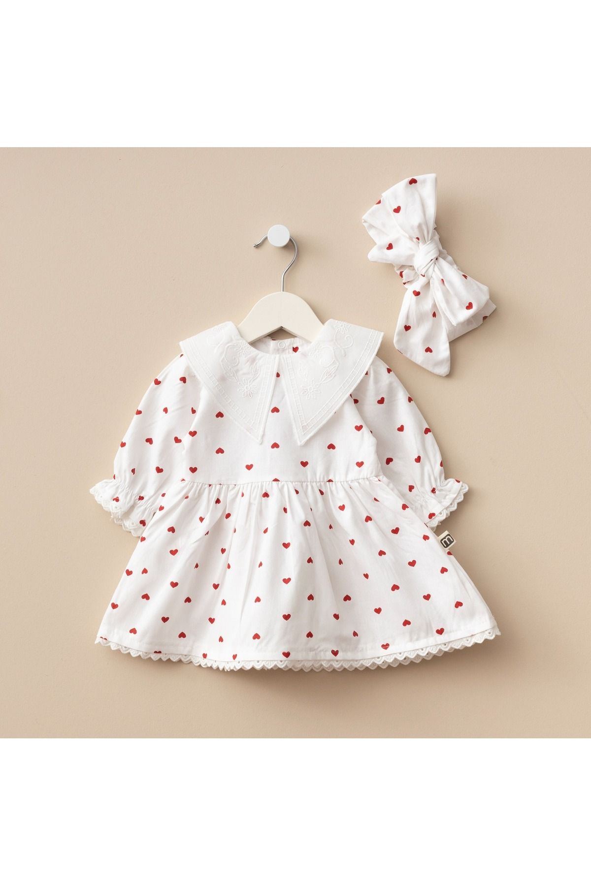 Sister Moms Store Kalp Desenli Üçgen Dantel Yakalı Poplin Elbise