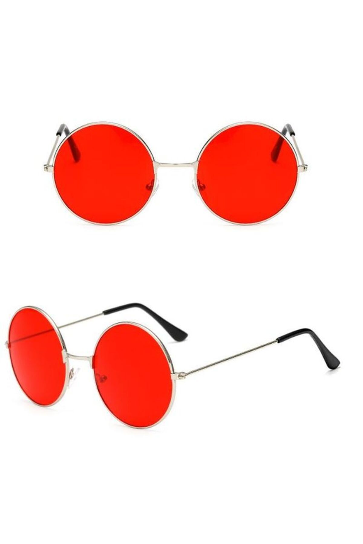 Easy Tedarik Yuvarlak Cam John Lennon Tarzı Gümüş Çerçeveli Kırmızı Gözlük