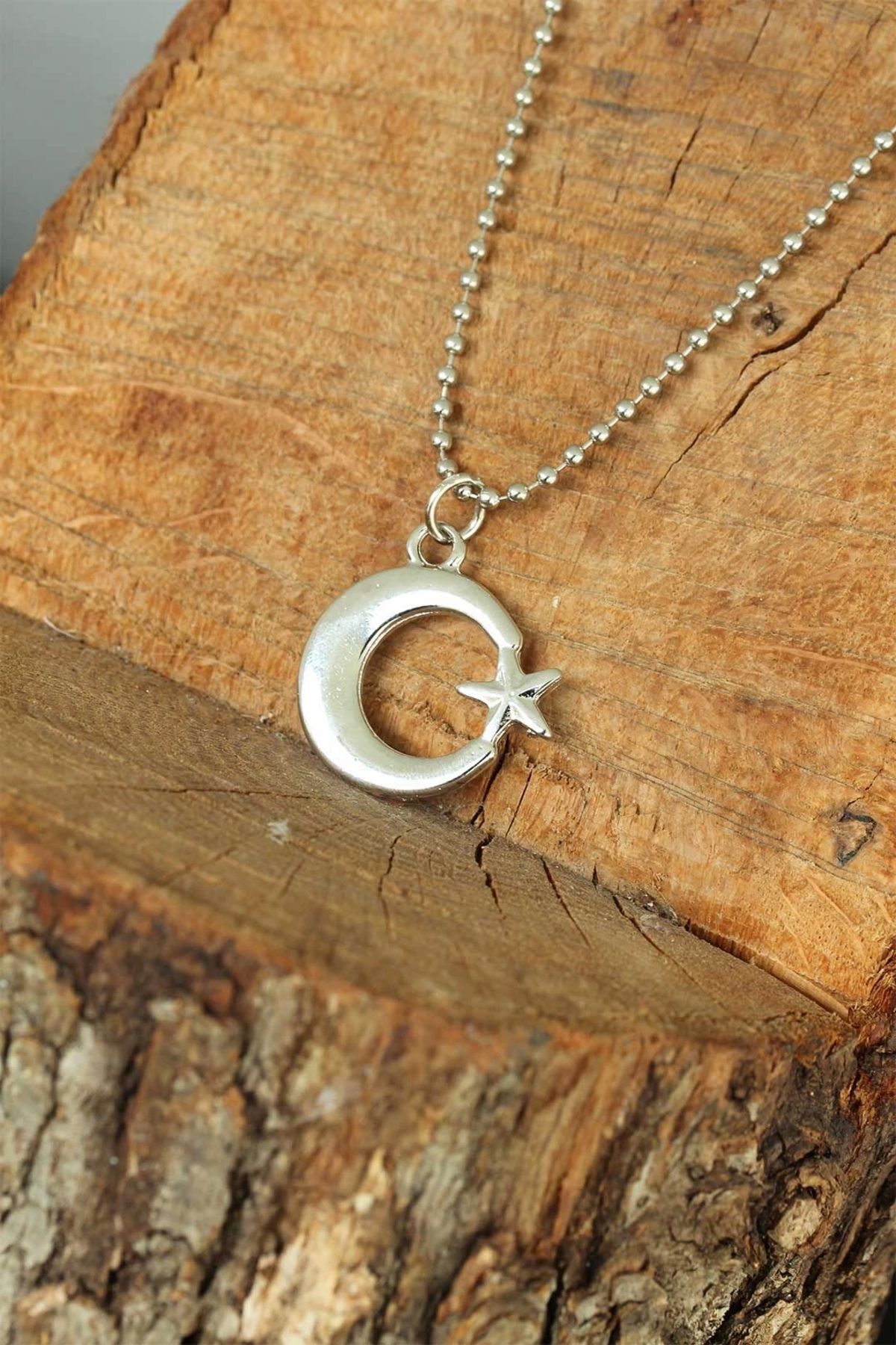 Moco Gümüş Renk Krom Kaplama Kararmaz Ay Yıldız Tasarım Metal Erkek Kolye
