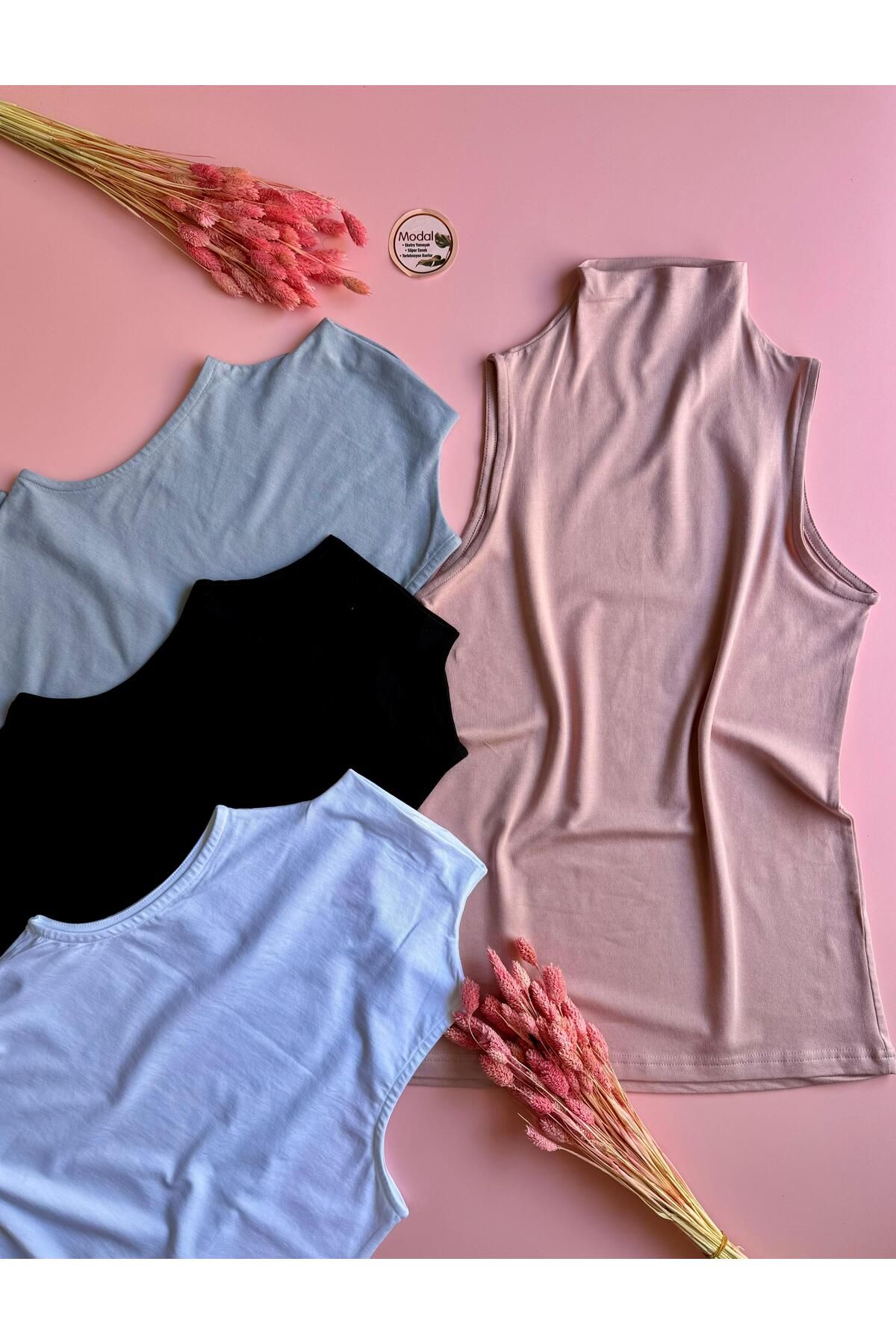 Elosia Dikişsiz, Modal 4'lü Balıkçı Yaka, Pudra, Mavi, Siyah Ve Beyaz Kolsuz Kadın T-shirt Atlet