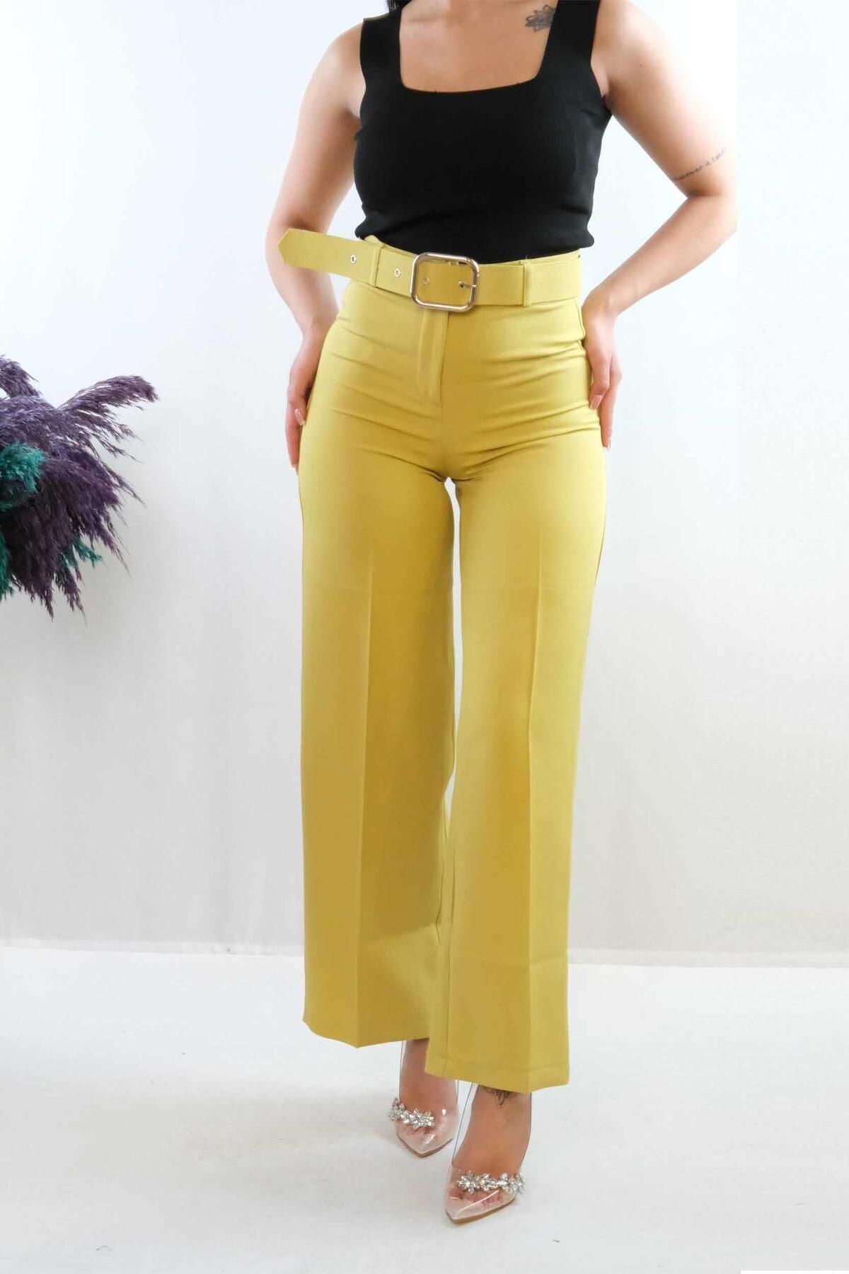 LLOHA Moda Çizgi Kemerli Pantolon Yağ Yeşili