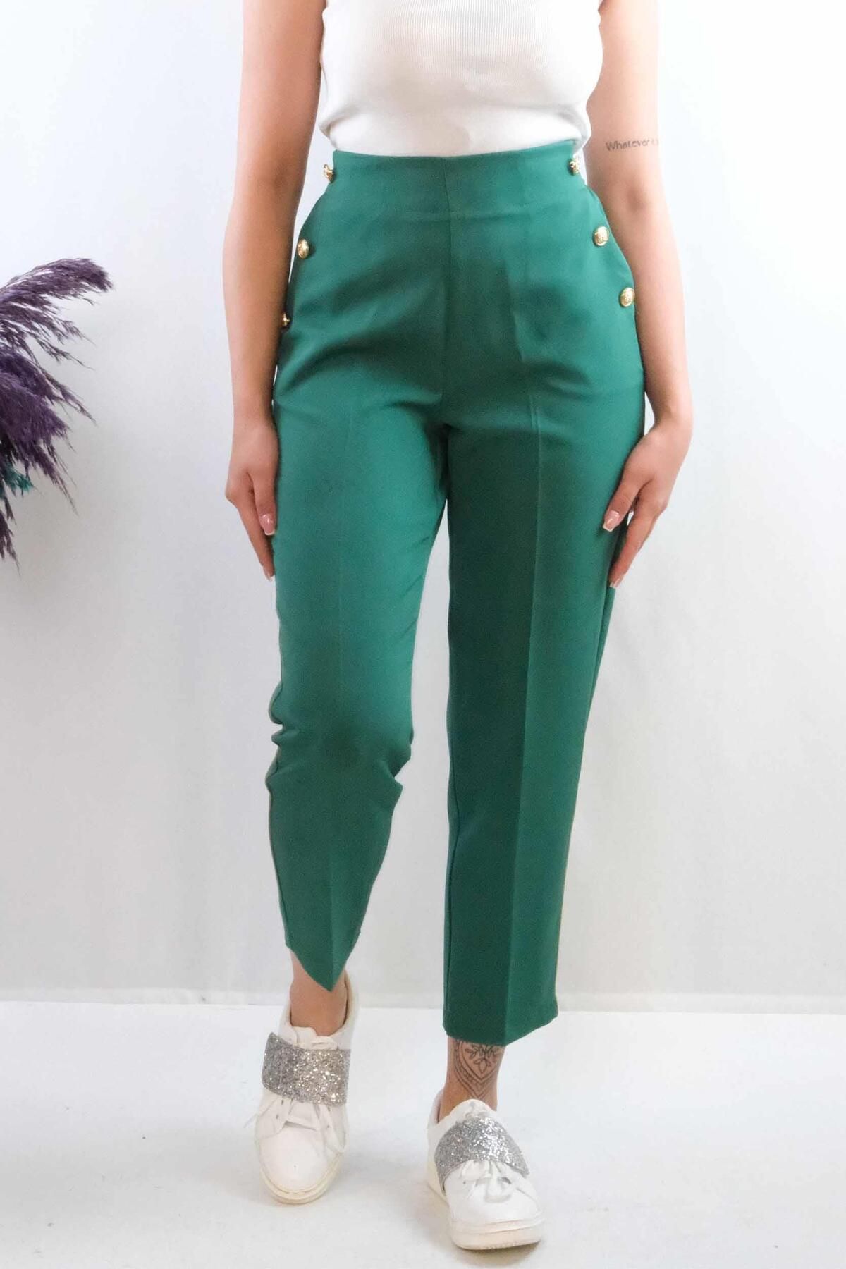 LLOHA Moda Çizgi Düğme Aksesuarlı Yüksek Bel Pantolon Zümrüt