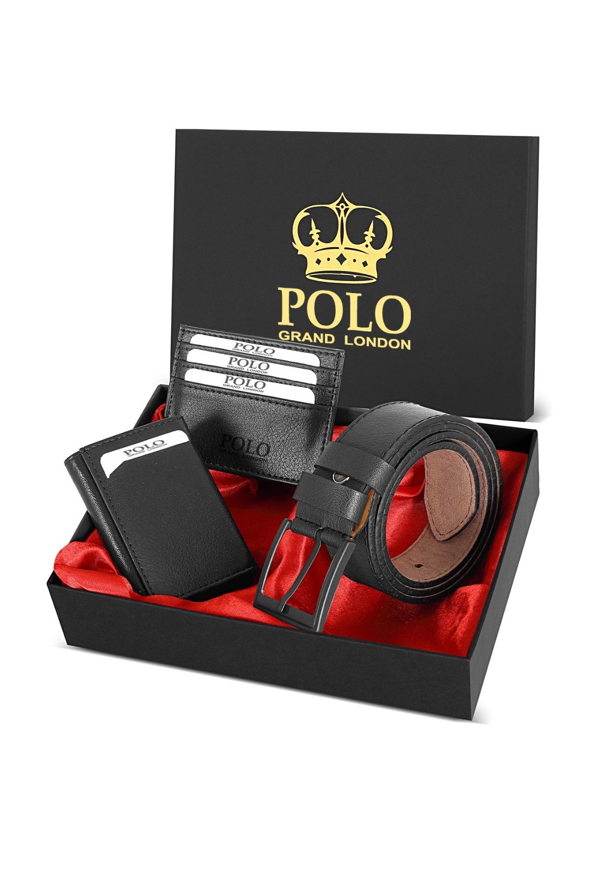 POLOGRAND London Orijinal Erkek Özel Hediye Kutulu 3'lü Set Luxury Serisi Damat Hediyelik Cüzdan Kartlık Kemer Seti
