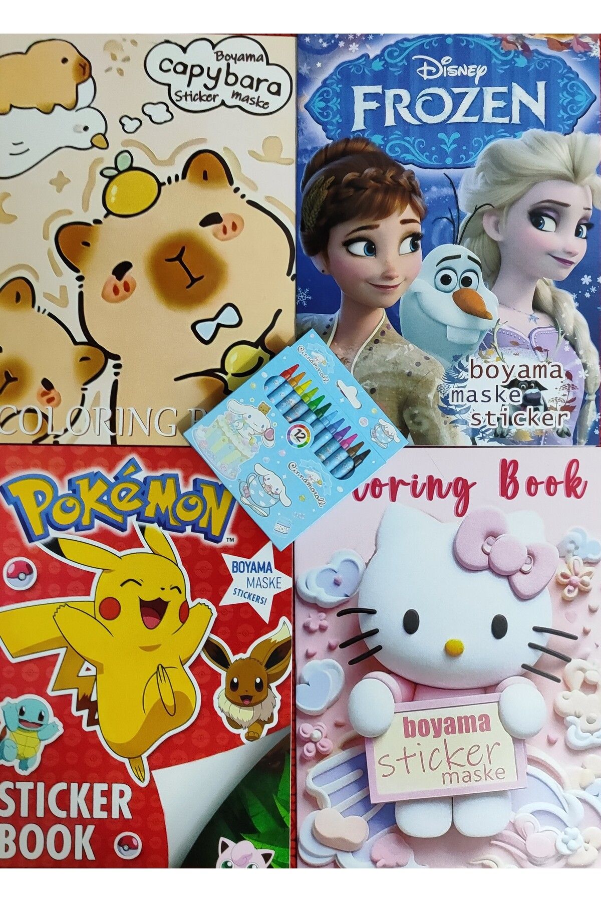 ada çanta kırtasiye 4 adet stickerli boyama kitabı 12 li pastel boya kalemi hediyeli AD50724