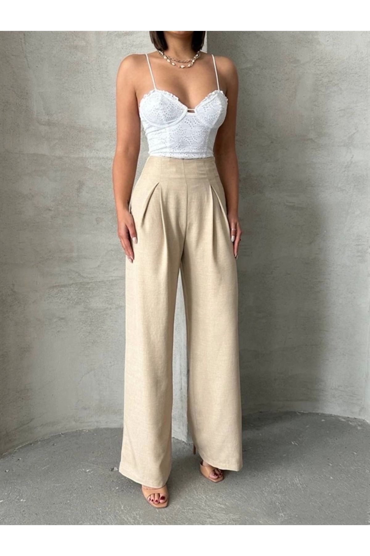 Merev Pileli keten pantolon s255046