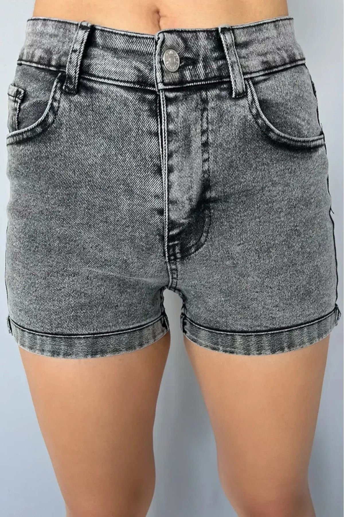 TugsatTasarTekstil Kadın Füme Kot Şort Duble Paça Denim Likralı Toparlayıcı
