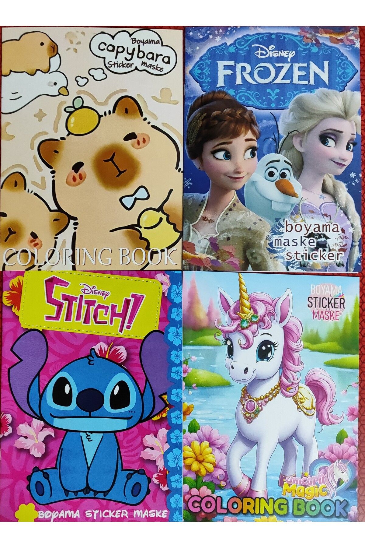 ada çanta kırtasiye 4 adet stickerli boyama kitabı (Frozen/capybara*/stitch /unicorn figürlü)