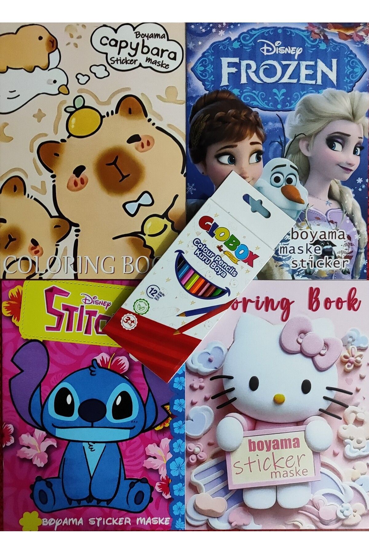 ada çanta kırtasiye 4 adet stickerli boyama kitabı 12 li kuru boya kalemi hediyeli AD501602