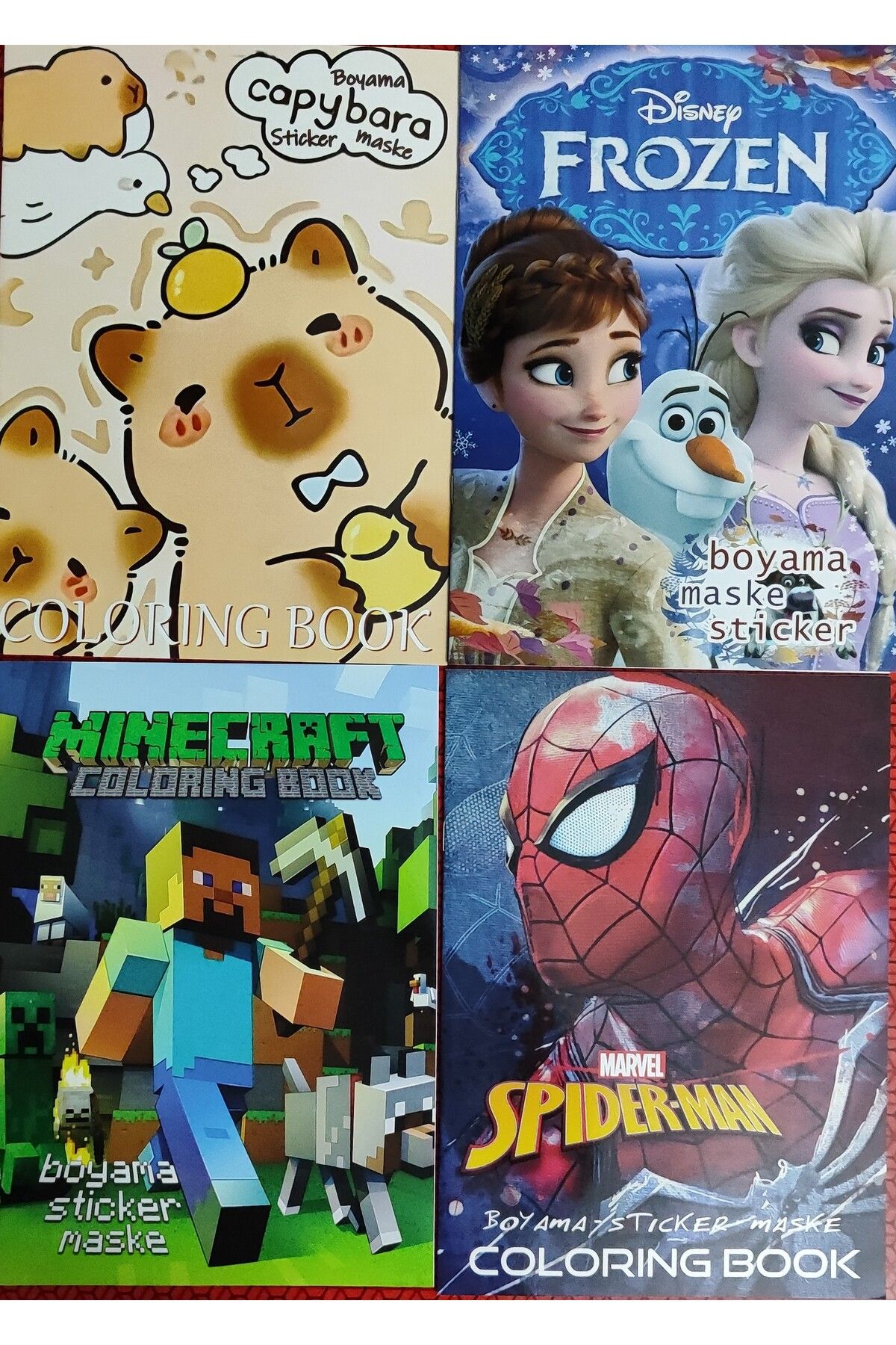 ada çanta kırtasiye 4 adet stickerli boyama kitabı (Frozen/capybara*/minnecraft/örümcek ad. figürlü)