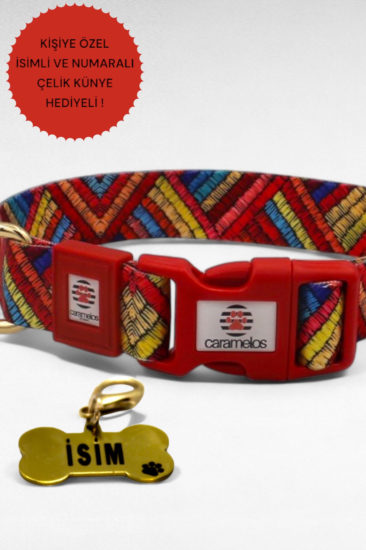 CARAMELOS İSİMLİ KÖPEK TASMASI, İSİMLİ TASMA, ORTA VE BÜYÜK IRK TASMA, KÖPEK TASMA, KİŞİYE ÖZEL TASMA, 2,5 CM