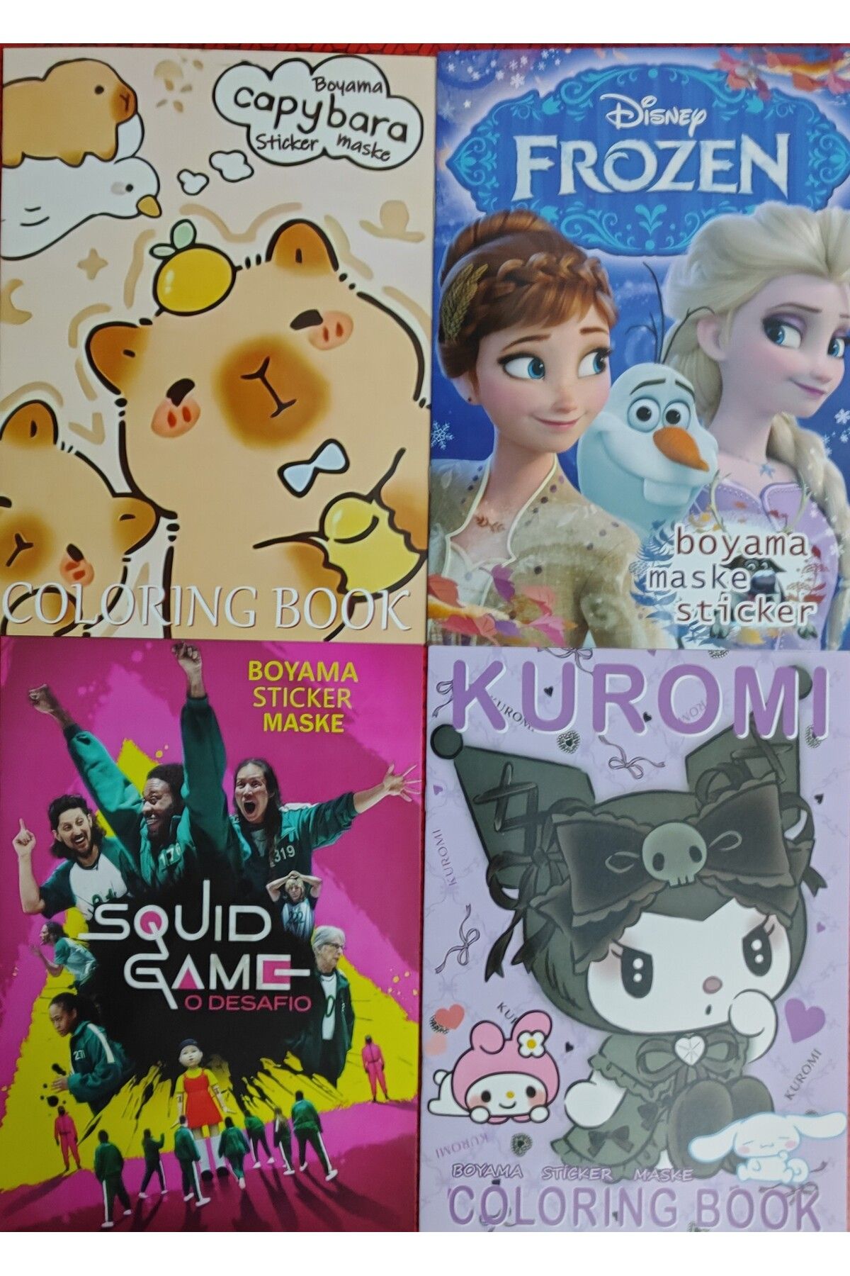 ada çanta kırtasiye 4 adet stickerli boyama kitabı (Frozen/capybara*/kuromi /sqoid game figürlü)