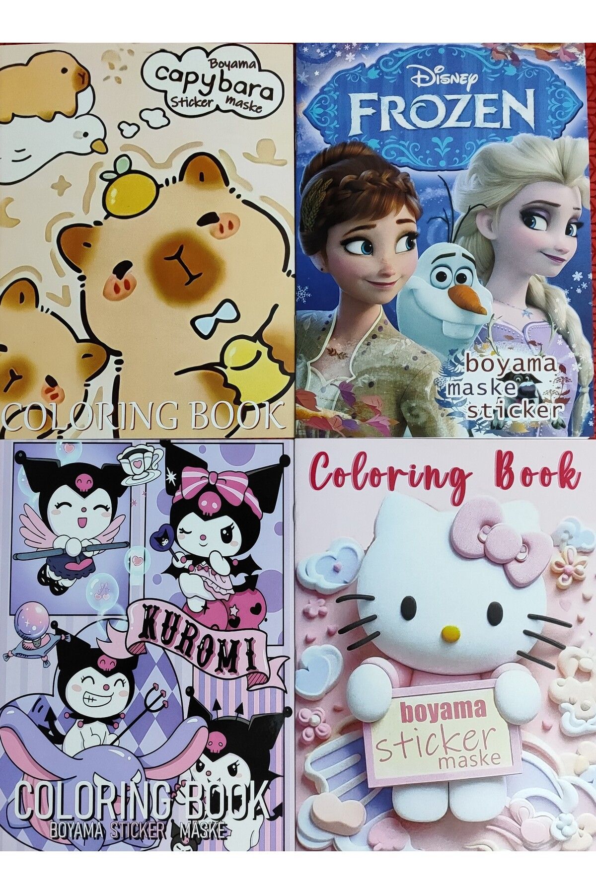 ada çanta kırtasiye 4 adet stickerli boyama kitabı (Frozen/capybara*/kuromi* /Hello Kitty figürlü)