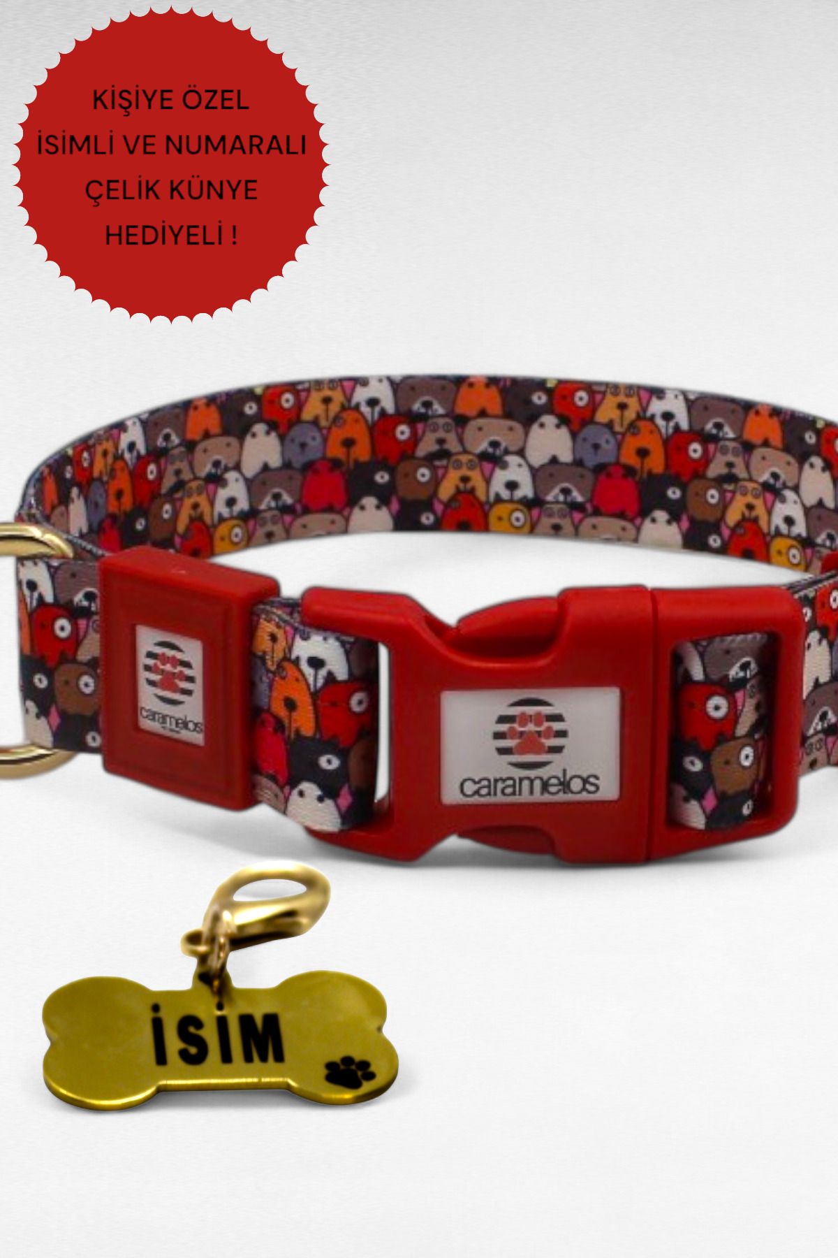 CARAMELOS İSİMLİ KÖPEK TASMASI, İSİMLİ TASMA, ORTA VE BÜYÜK IRK TASMA, KÖPEK TASMA, KİŞİYE ÖZEL TASMA, 2,5 CM