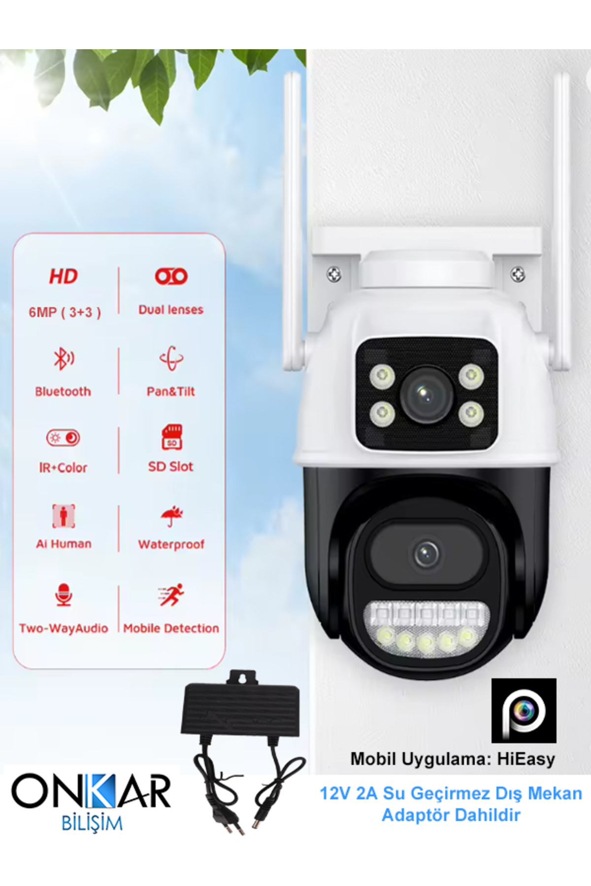 Onkar Bilişim 2 Kameralı 6MP (3+3) Wifi Ptz Kablosuz Güvenlik Kamerası INOX WF-14 Uygulama:HiEasy