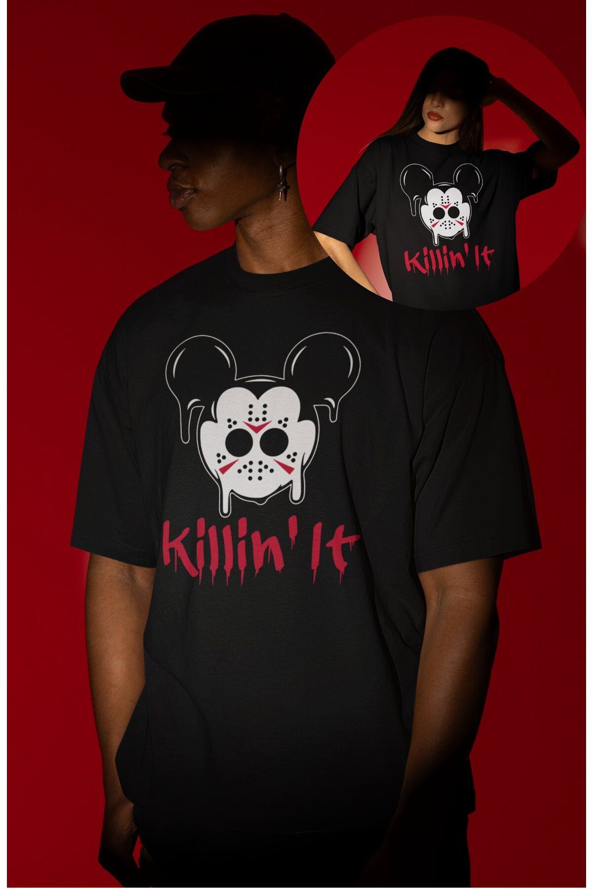 Fuddy Moda Unisex Killin It Yazılı Tişört, Oversize Korku Filmi Hallowen Temalı T-shirt