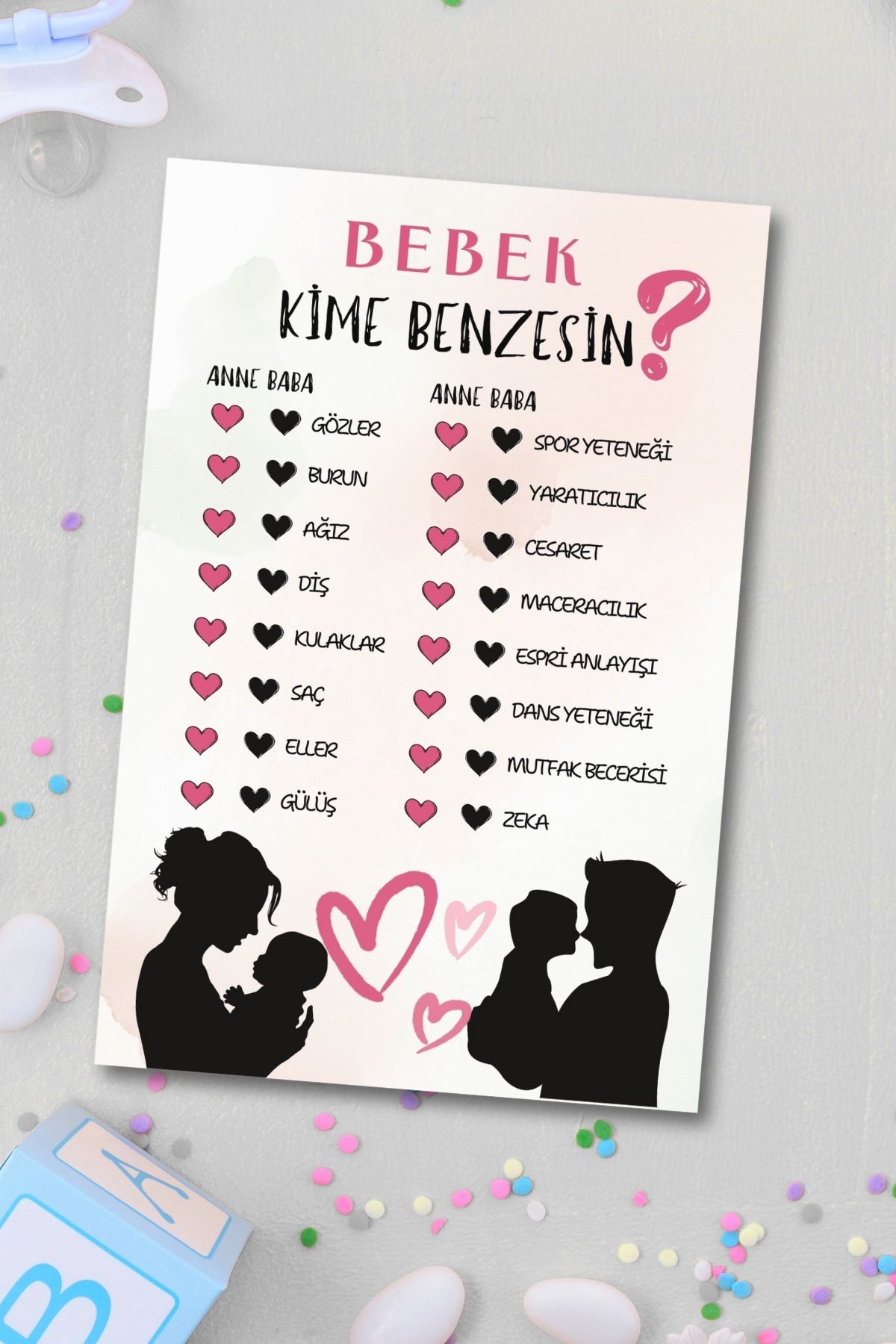 Metranya Cinsiyet Belirleme Partisi Bebek Kime Benzesin? 15 Adet Baby Shower Hediye Süs Anı Hatıra Oyun Kartı