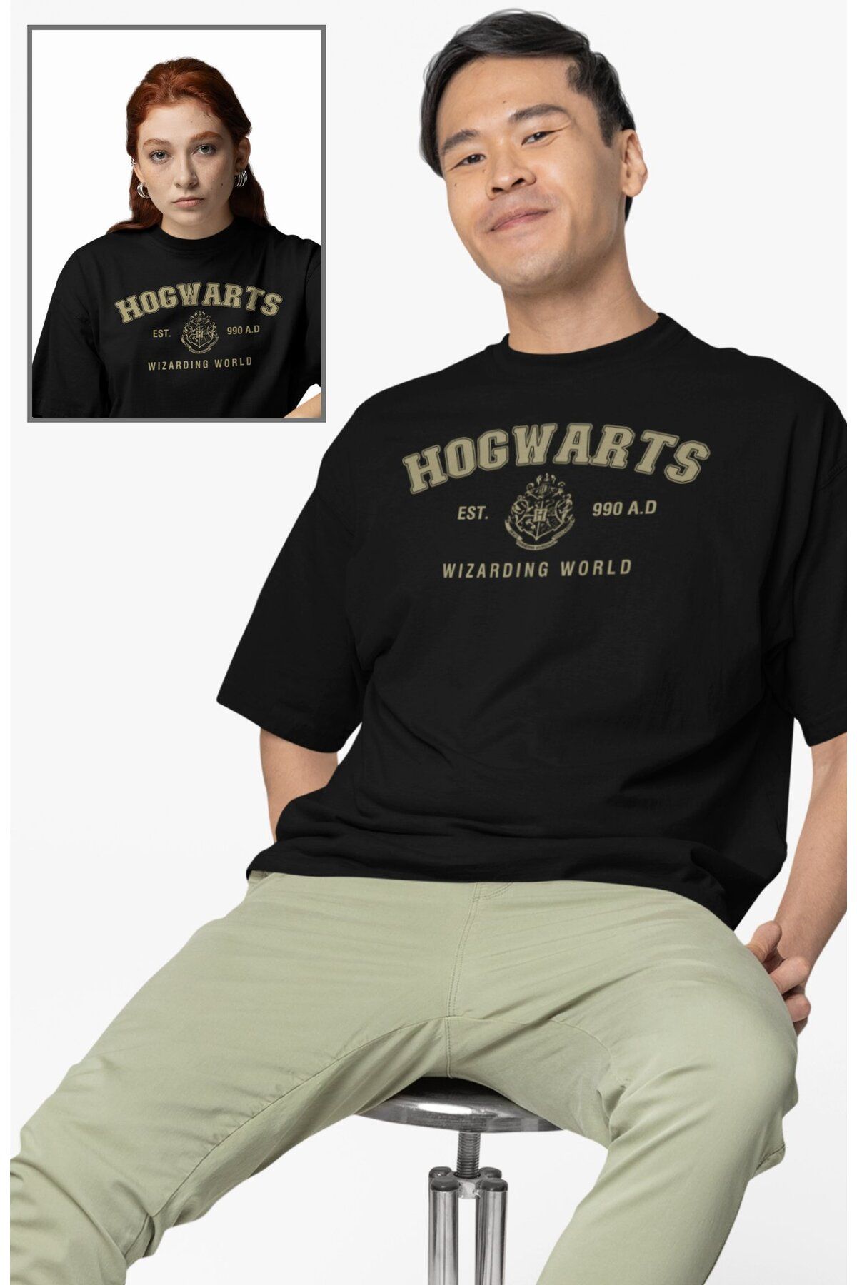 Fuddy Moda Unisex Hogwarts Wizarding World Yazılı Tişört, Oversize Hary Poter Temalı T-shirt