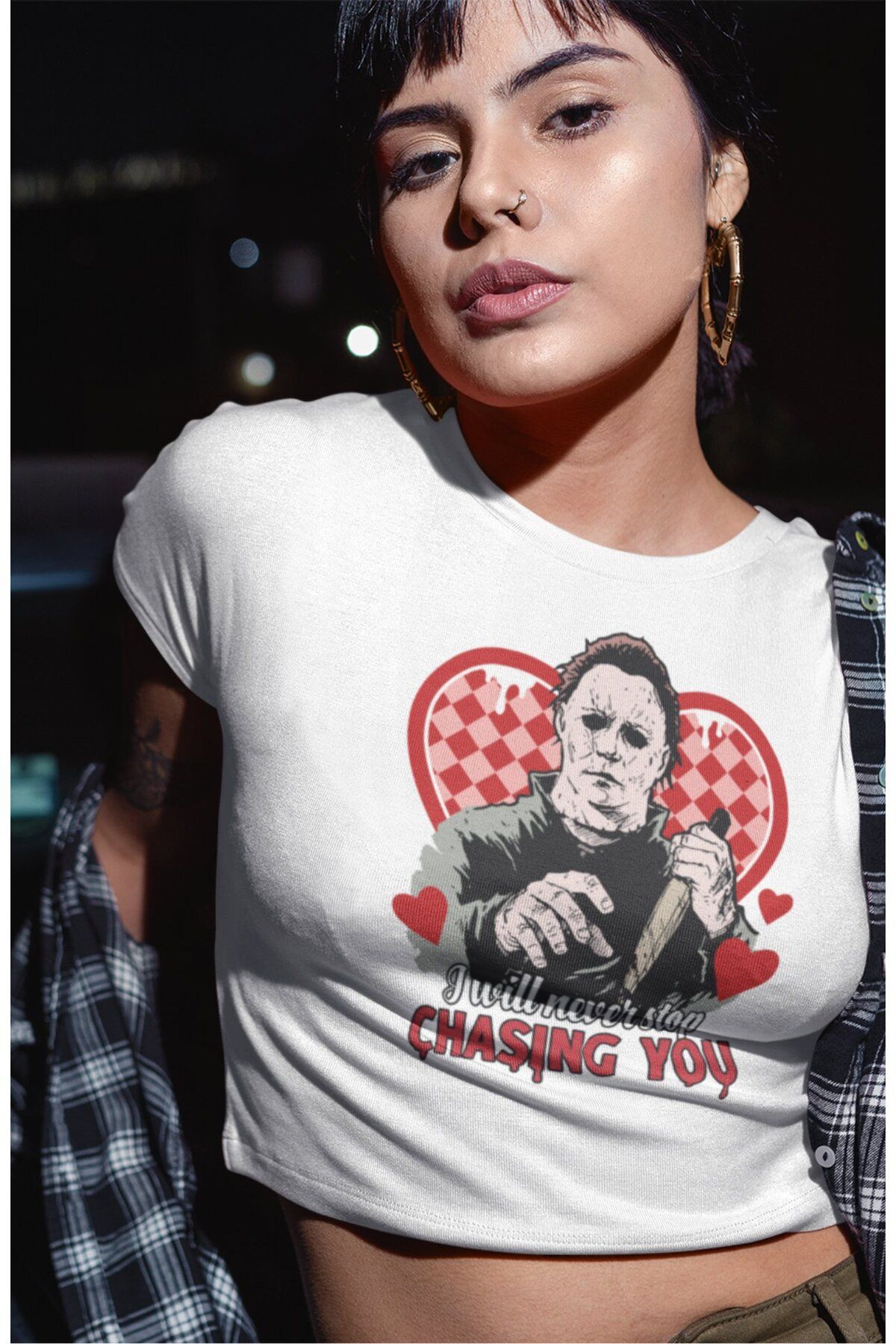 Fuddy Moda I Will Never Stop Chasing You Yazılı Crop Top, Kadın Korku Film Halloween Temalı Crop Bluz