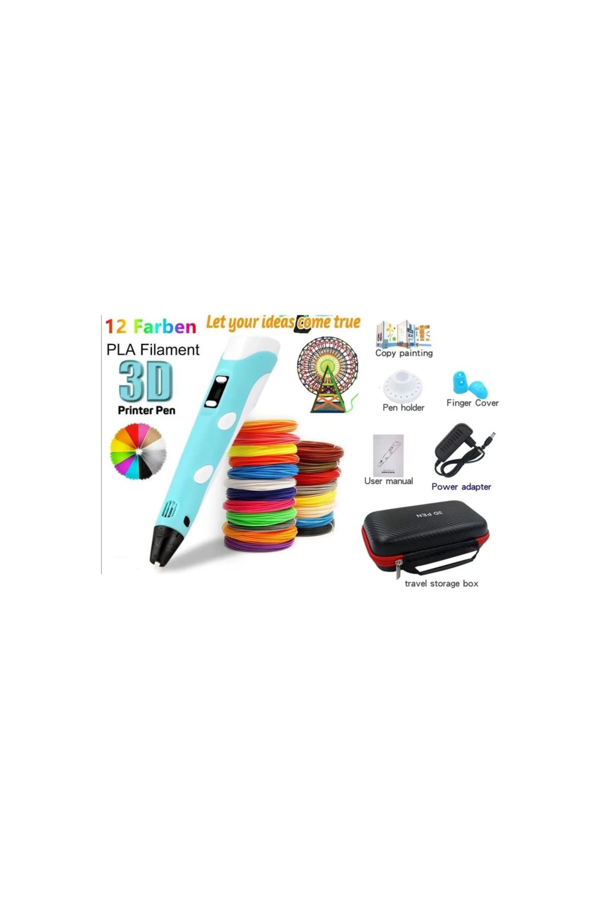 Ayder Timya 3d Pen Üç Boyutlu Yazıcı Kalem Printer (12 Adet 3 Metre Filament -36 Metre Led Ekranlı Adatörlü