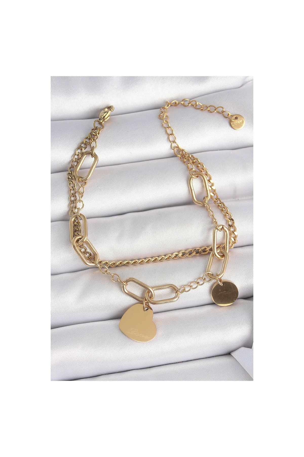 Ayder Timya 316l Çelik Gold Renk 2'li Zincir Model Sallantı Kalp Figür Kadın Bileklik - Tj-bb6953