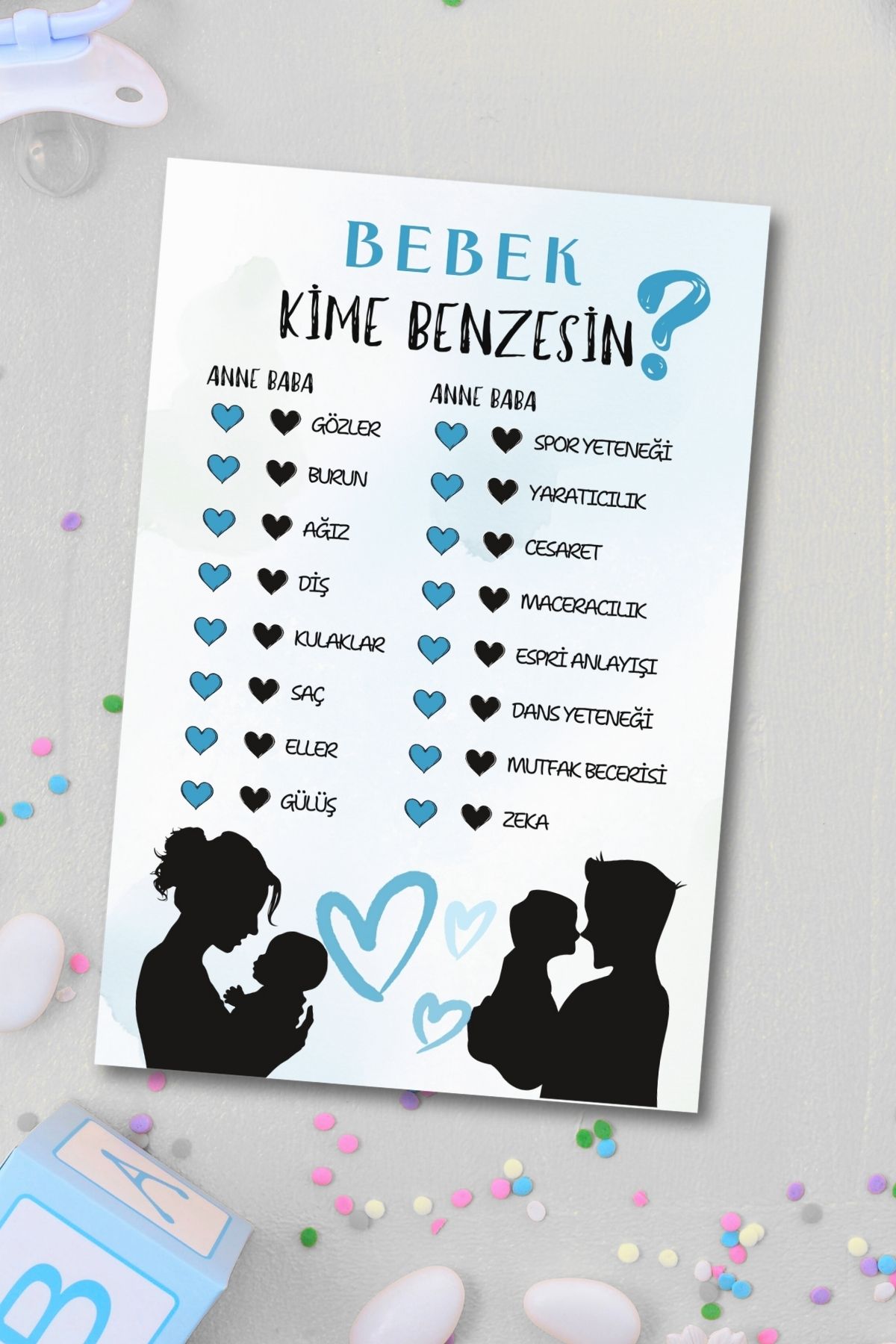 Metranya Cinsiyet Belirleme Partisi Bebek Kime Benzesin? 15 Adet Baby Shower Hediye Süs Anı Hatıra Oyun Kartı