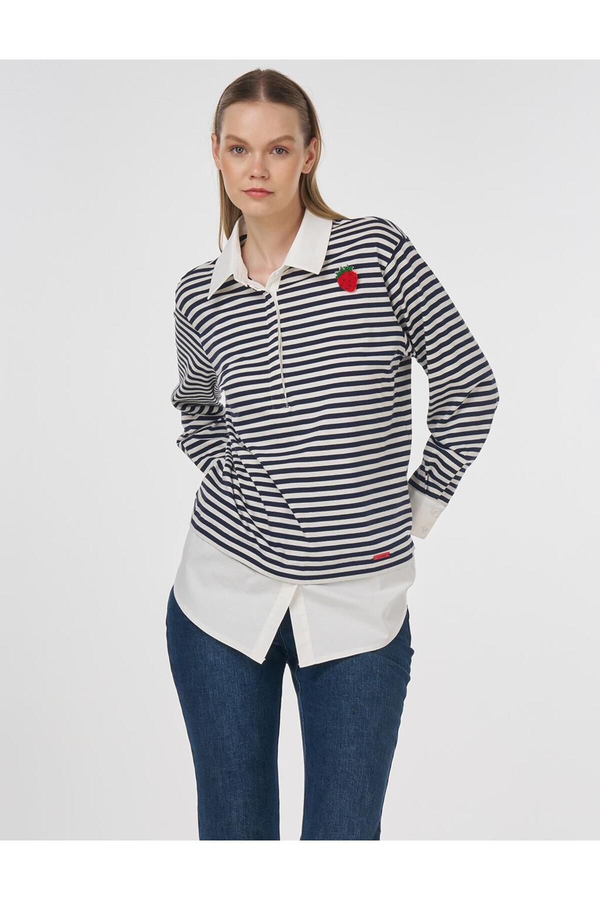 Kayra Broş Detaylı Pamuklu Sweatshirt Koyu Lacivert
