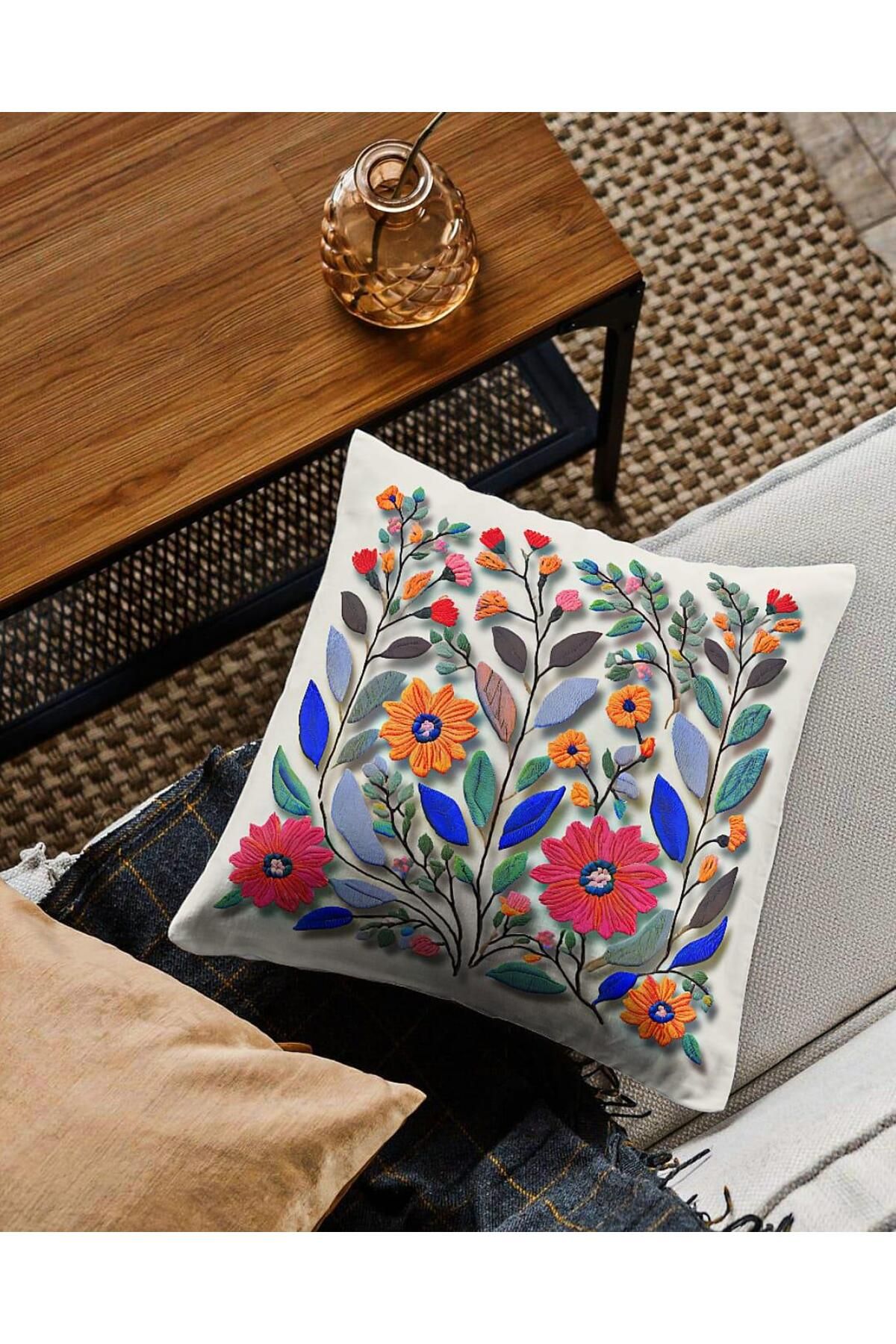 GMhome Mavi Çiçek Desenli Dijital Baskılı Kırlent Kılıfı Modern Yastık Kılıfı