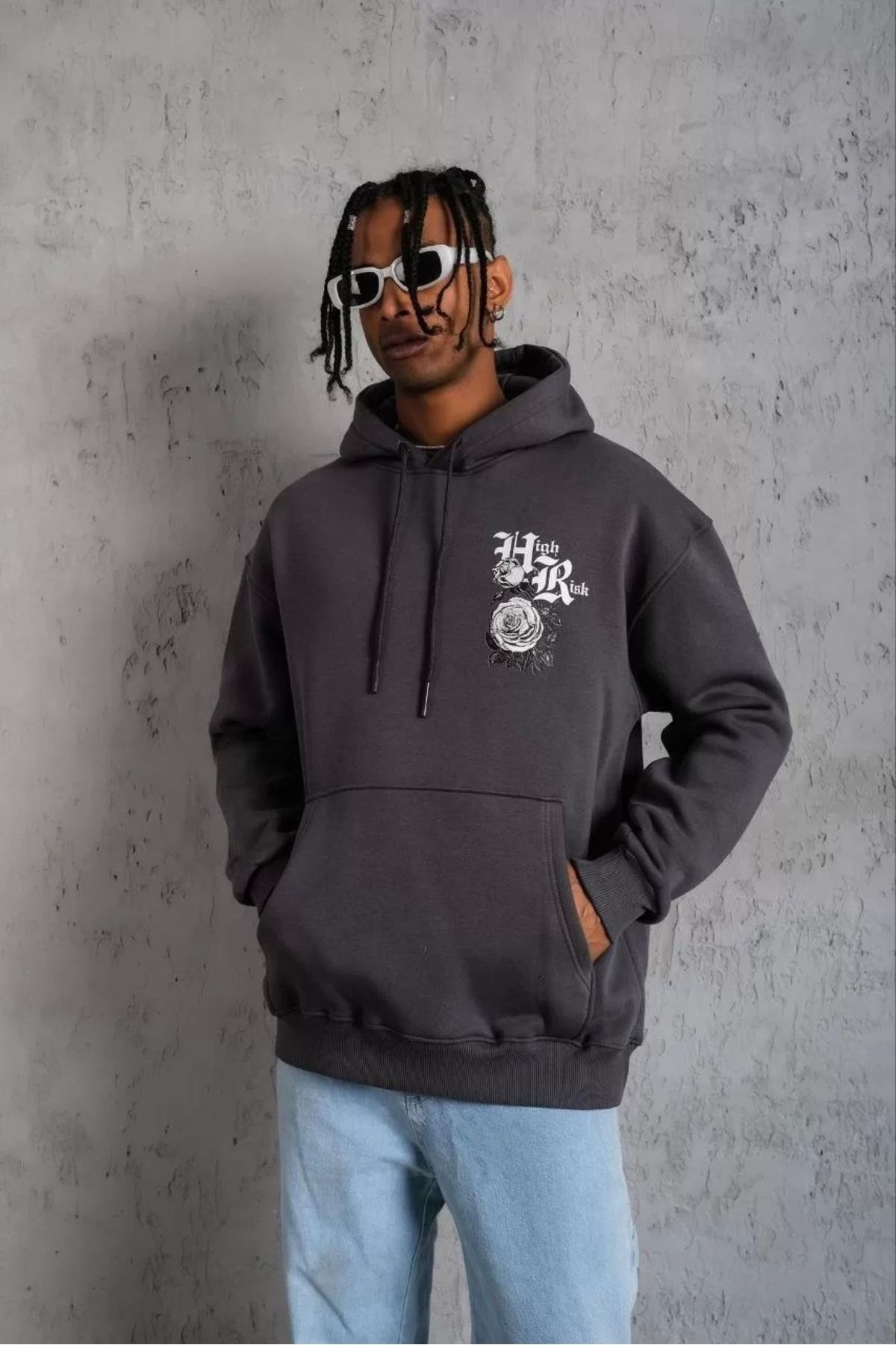 luz&pos Erkek Baskılı Kapşonlu Sweat - Füme