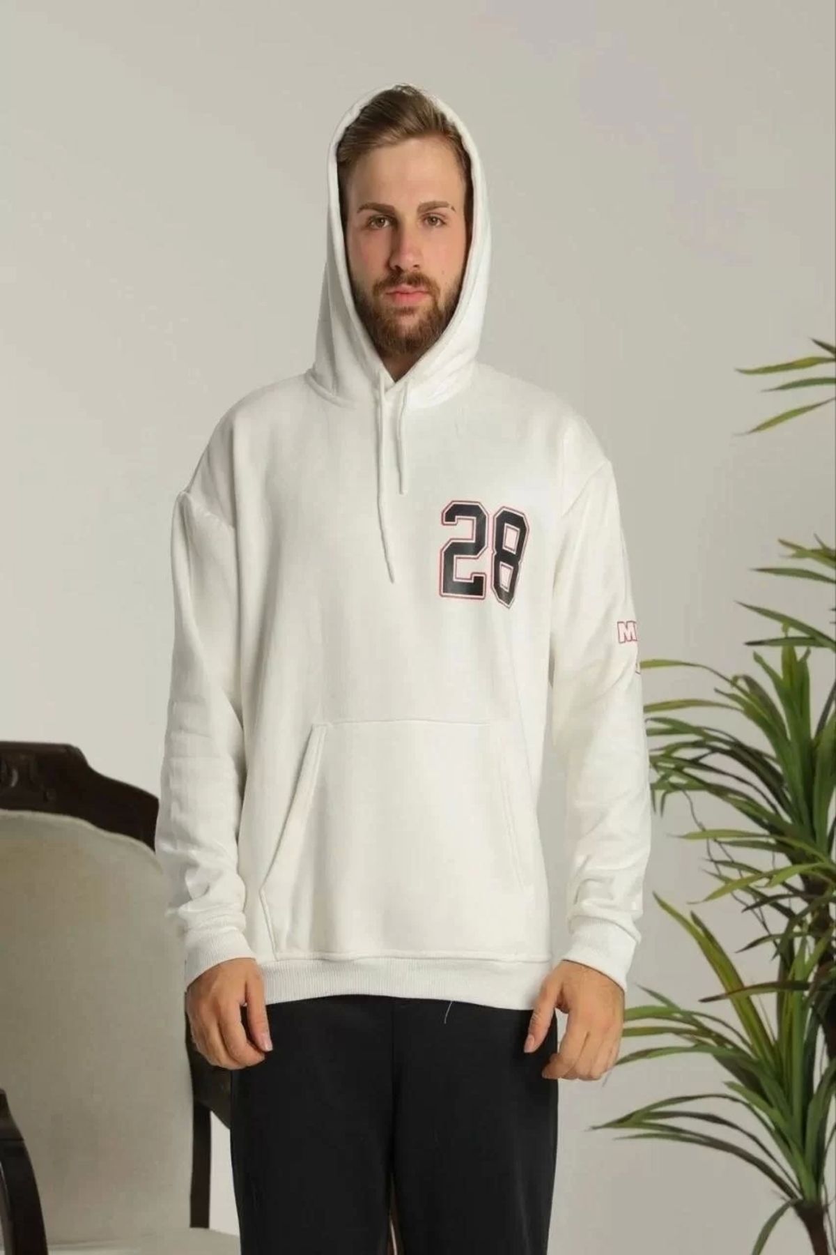 luz&pos Erkek Sırt Baskılı Oversize Üç İplik Kapüşonlu Sweatshirt - Beyaz