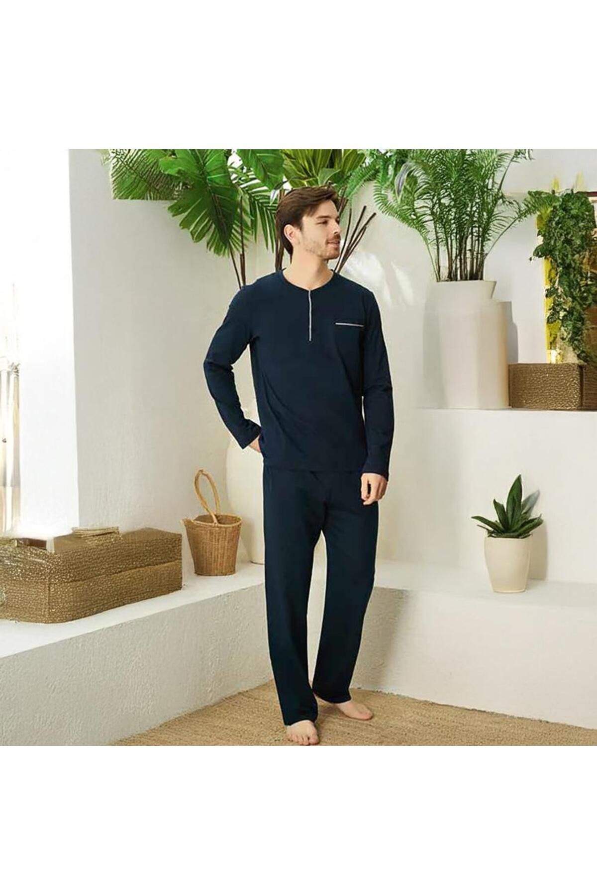 elitepoint 1555 Erkek Yazlık Büyük Beden Uzun Kol Uzun Alt Pijama Takımı