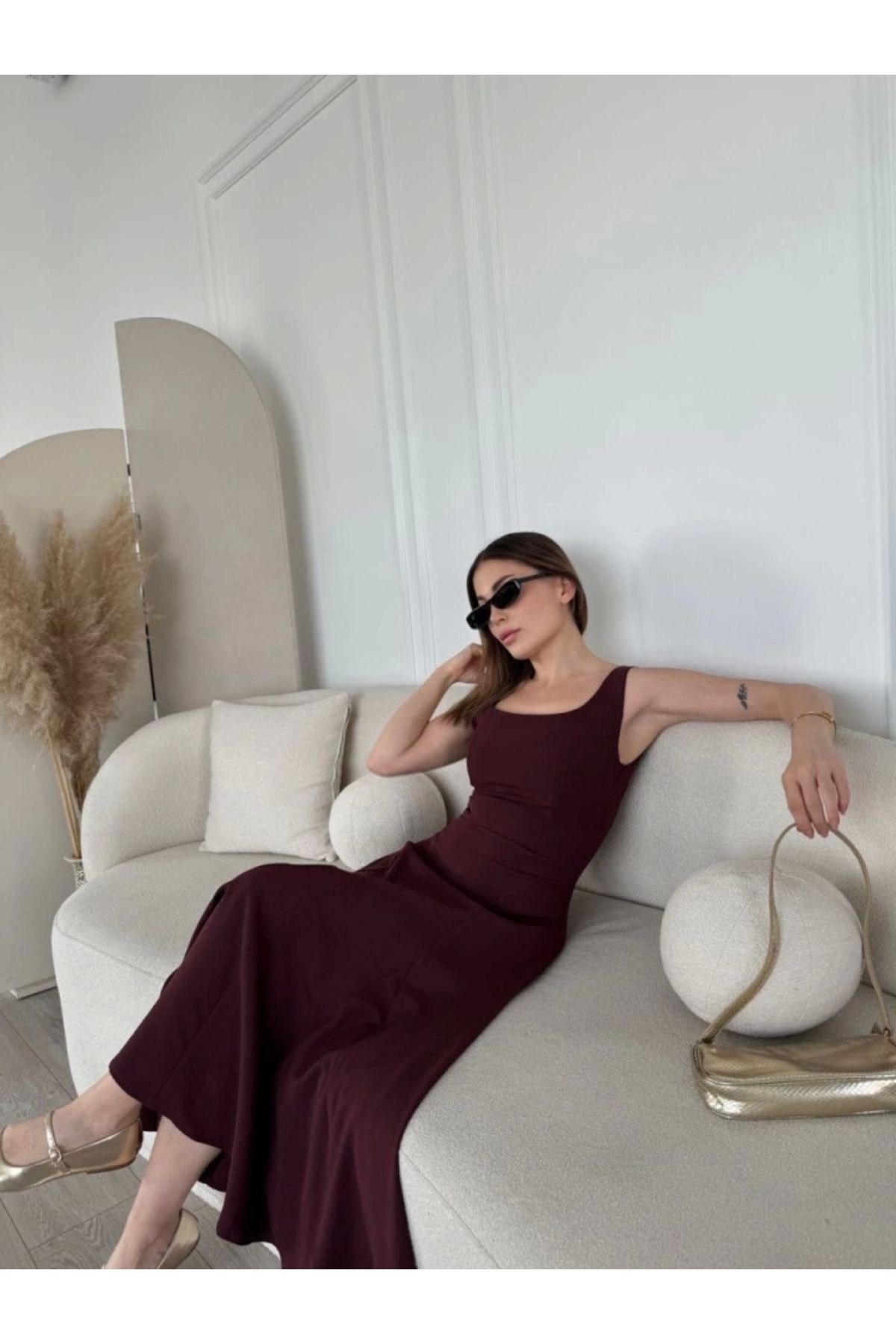 Butik Sırt Dekolteli Kolsuz Uzun Elbise - Mürdüm