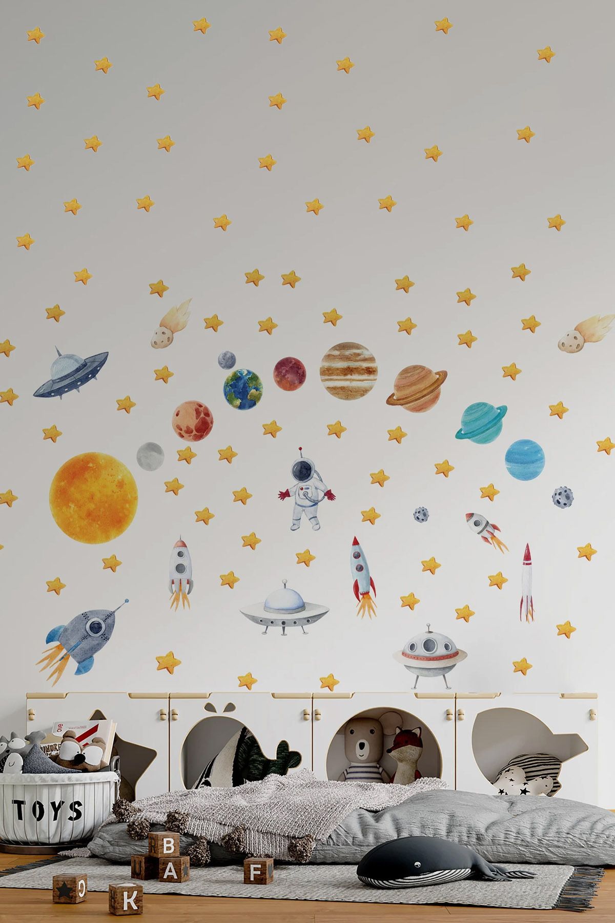 KT Decor Solar Sistem Astronot Gezegenler ve Uzay Araçları Erkek Çocuk Odası Duvar Sticker Seti