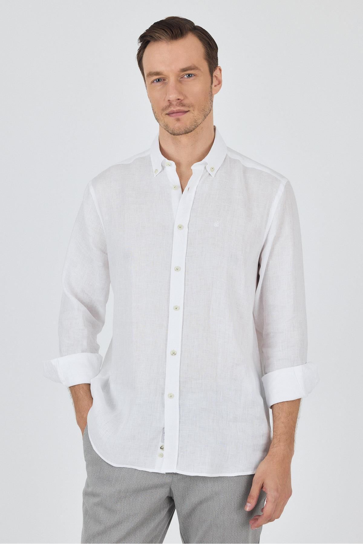 İmza Uzun Kol Düz Keten Düğmeli Yaka Cepsiz Casual Comfort Fit Gömlek 1004250114