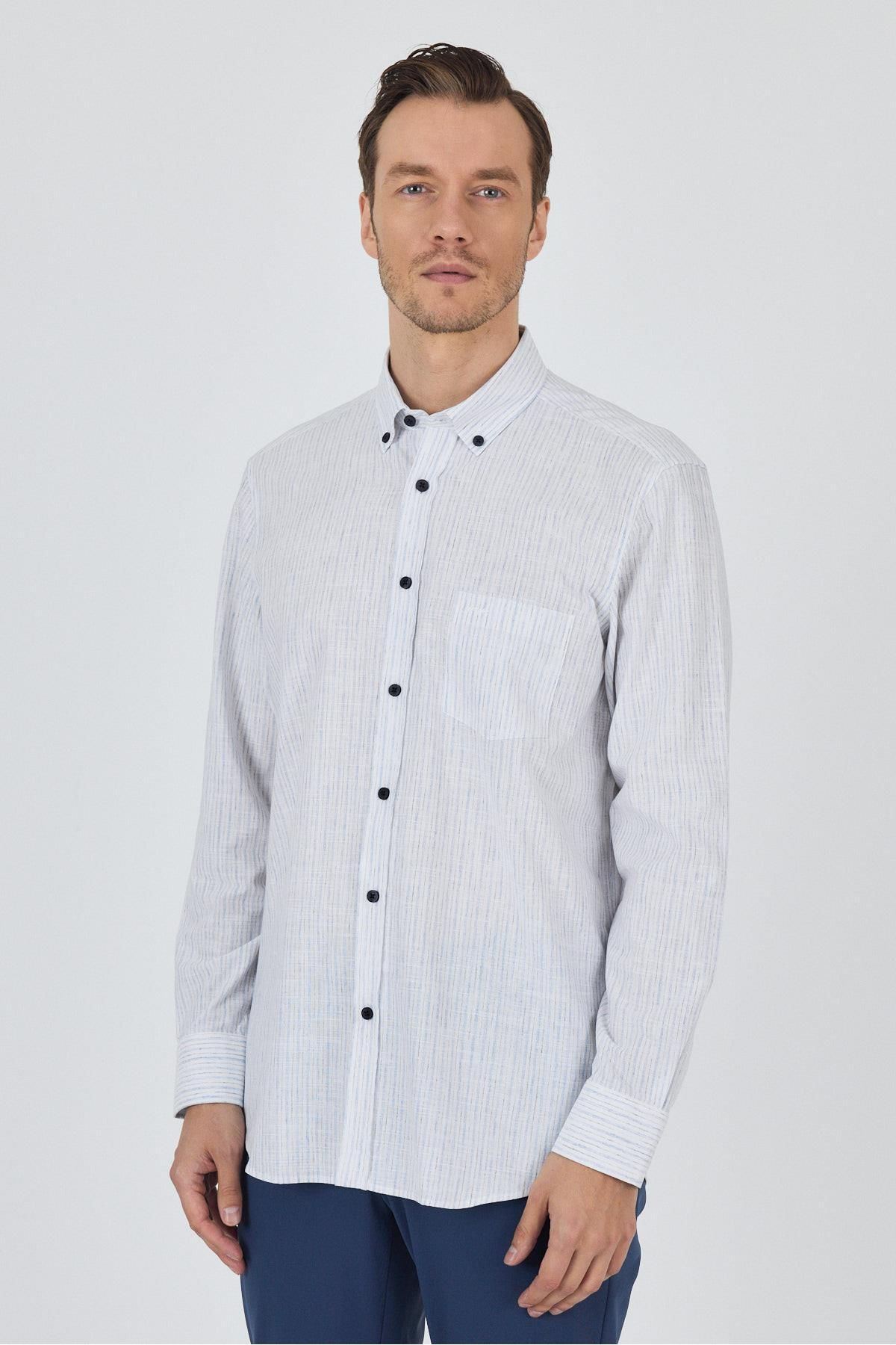 İmza Uzun Kol Çizgili Desen Bez Ayağı Düğmeli Yaka cepli Pamuklu Casual Comfort Fit Gömlek 1004250100