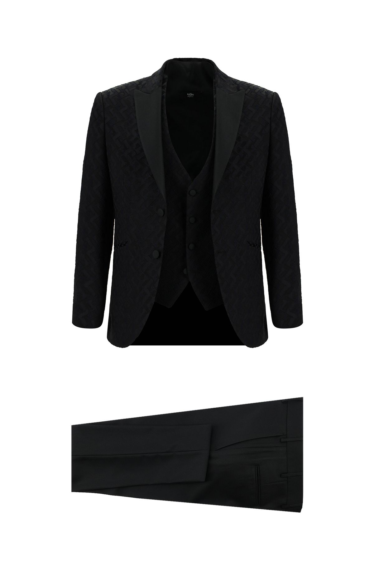 Kiğılı Slim Fit Dar Kesim Sivri Yaka Desenli Yelekli Smokin & Damatlık