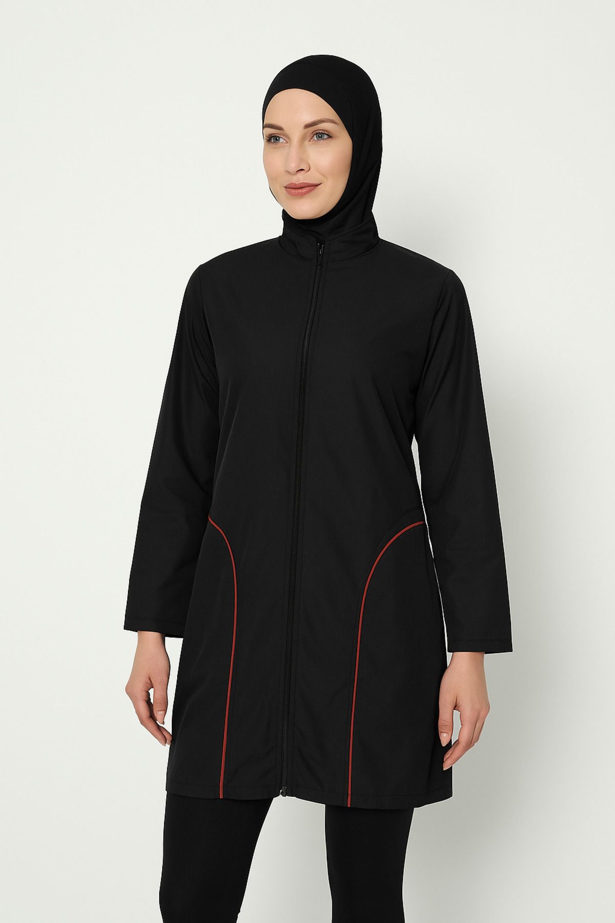 KYE WEAR Kadın Siyah Desenli Fermuarlı Tesettür Mayo