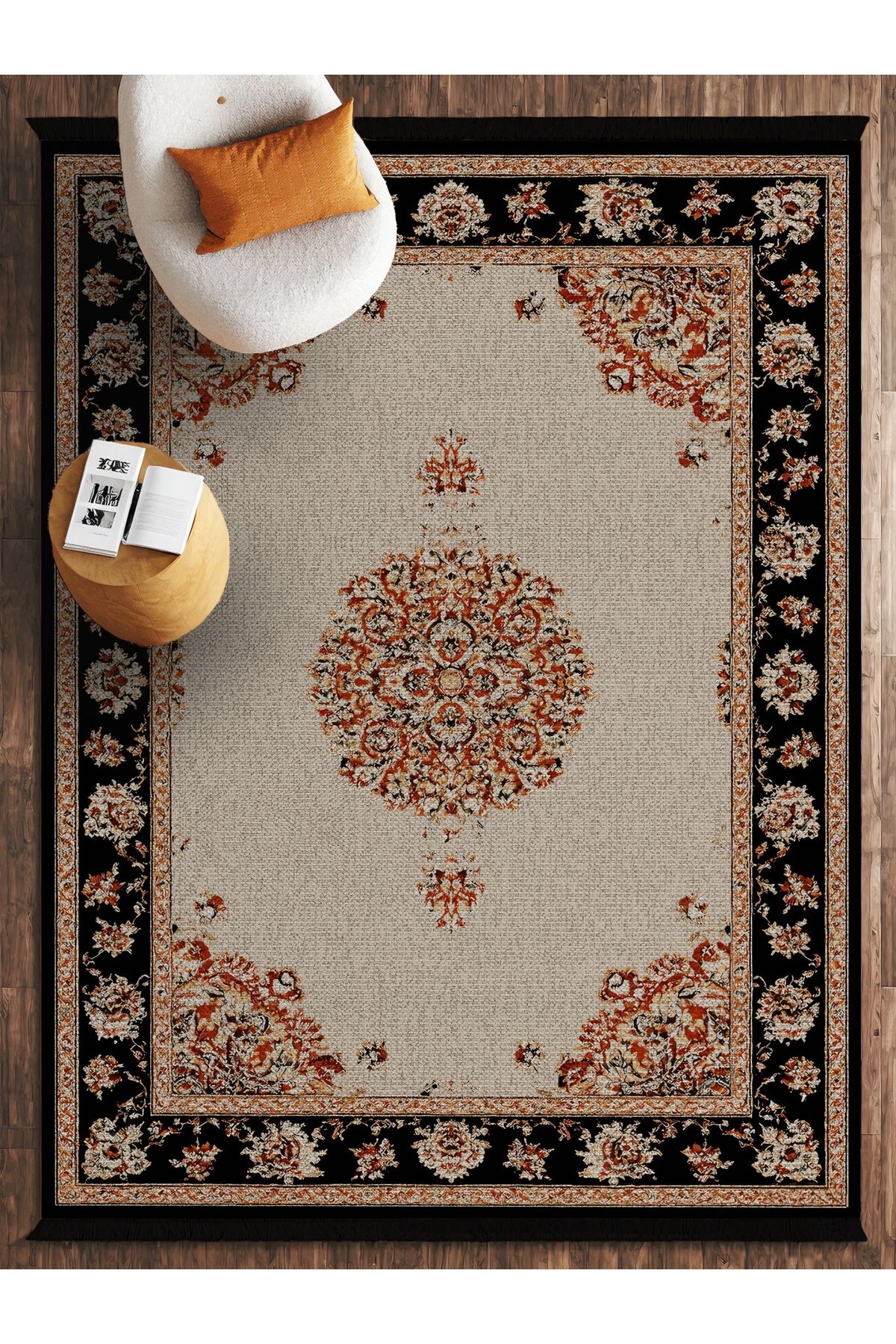 HALIZZON Bej Geometrik Vintage Halı Eskitme Desenli Yumuşak Doku