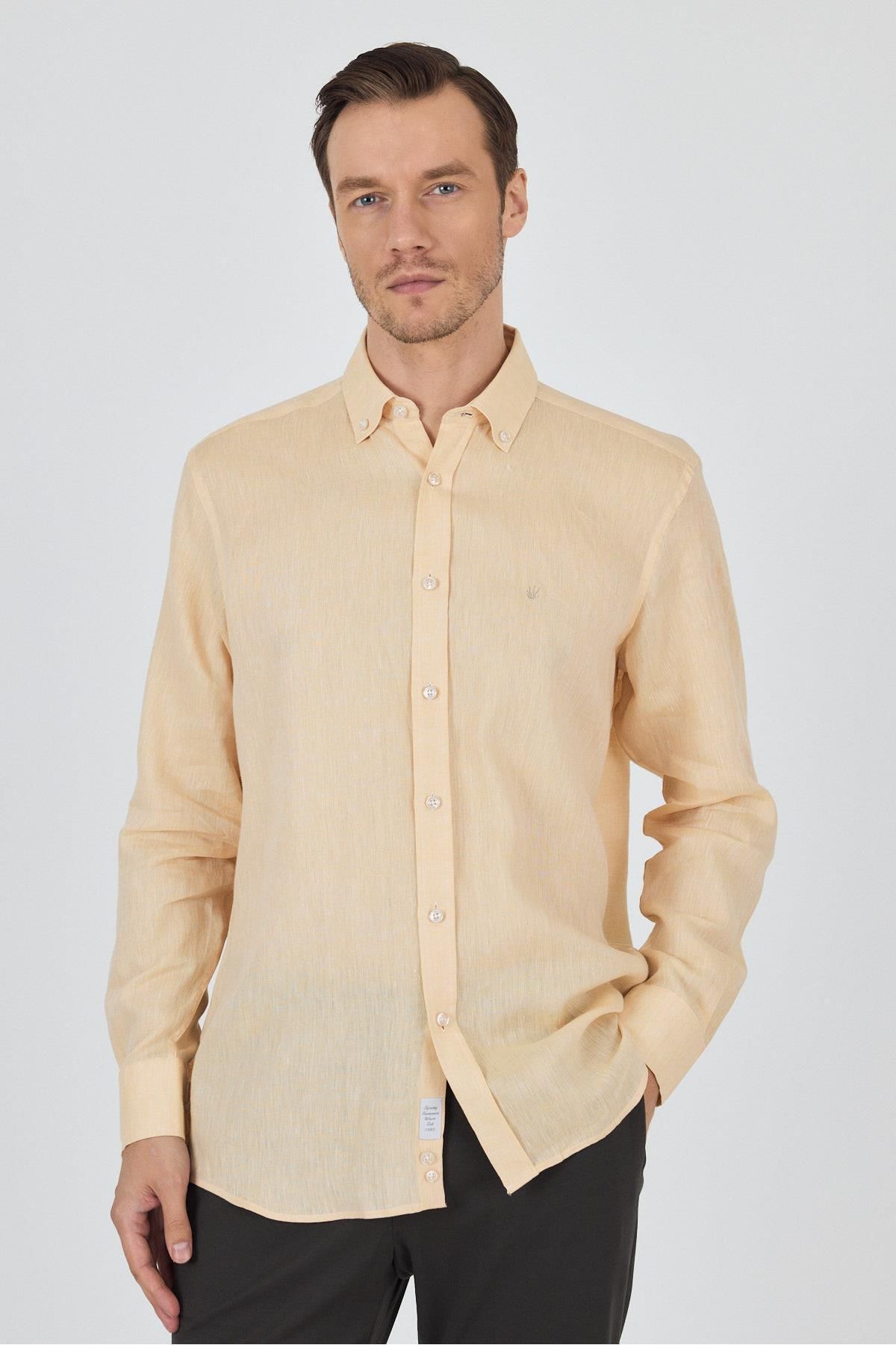 İmza Uzun Kol Düz Keten Düğmeli Yaka Cepsiz Casual Comfort Fit Gömlek 1004250114