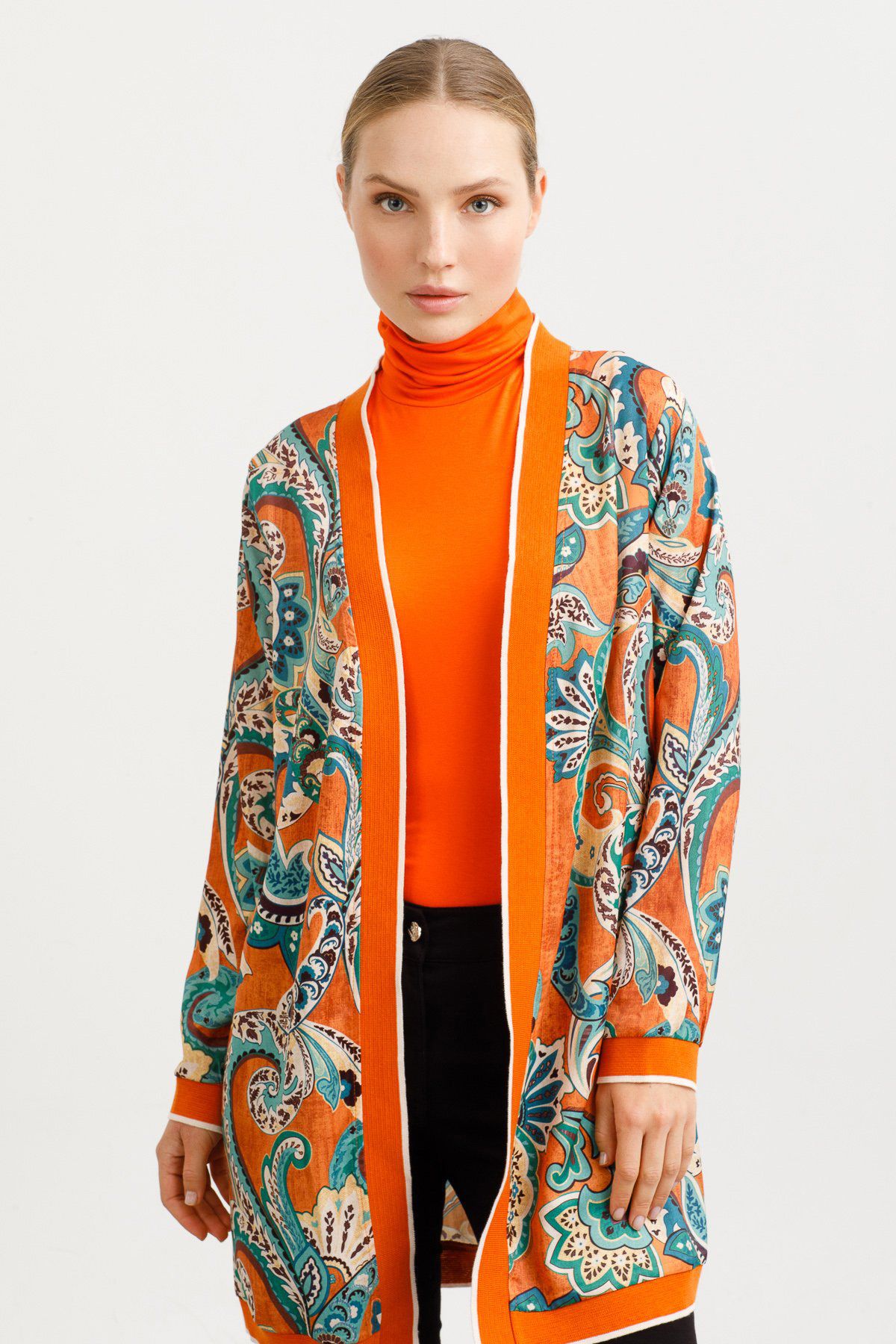 On Fashion Kadın Ribanalı Uzun Hırka - Koyu Oranj