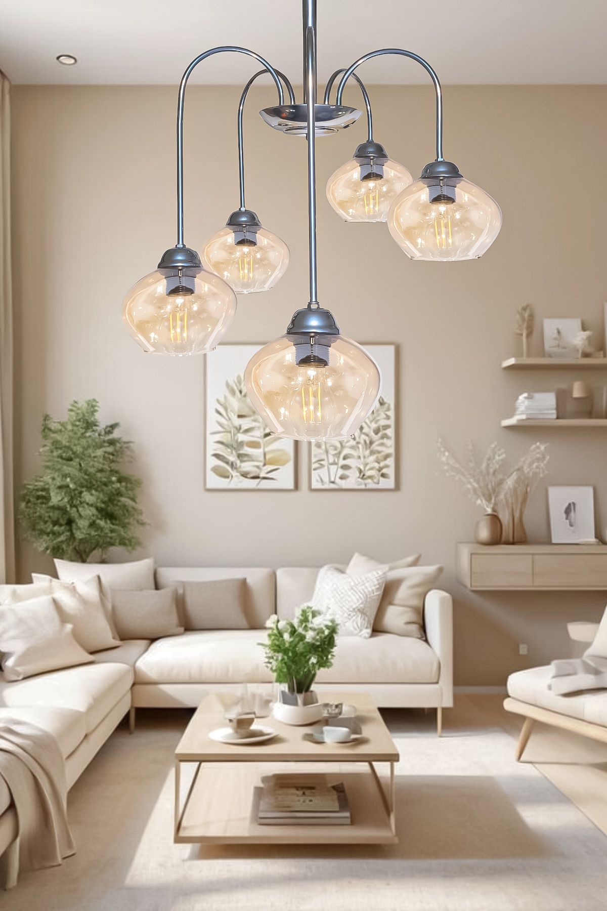 Turanconcept Dora 5 Li Avize Dekoratif Tasarım Modern Kollu Camlı Avize Oturma Odası Yemek Odası Salon