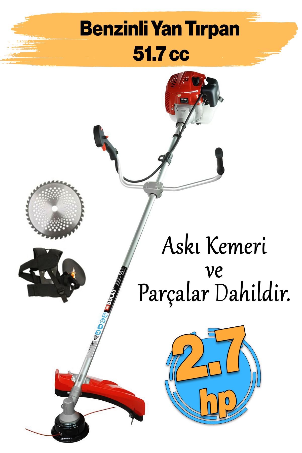 BOLAT Benzinli BY520 Yan Tırpan Çim Biçme Testeresi 2.7 hp 51.7 cc Bisiklet Kollu Omuz Askılı Misina