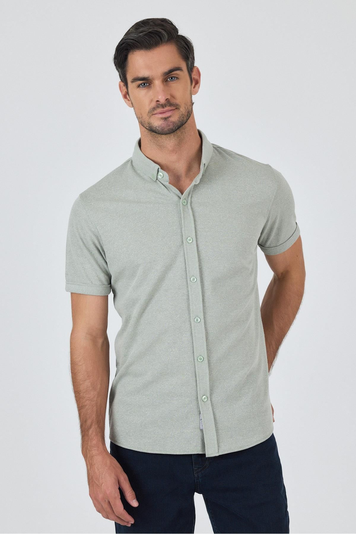 İmza Koyu Yeşil Kısa Kol Düz Örme Düğmeli Yaka Cepsiz Pamuklu Classic Slim Fit Gömlek 1004250155_700