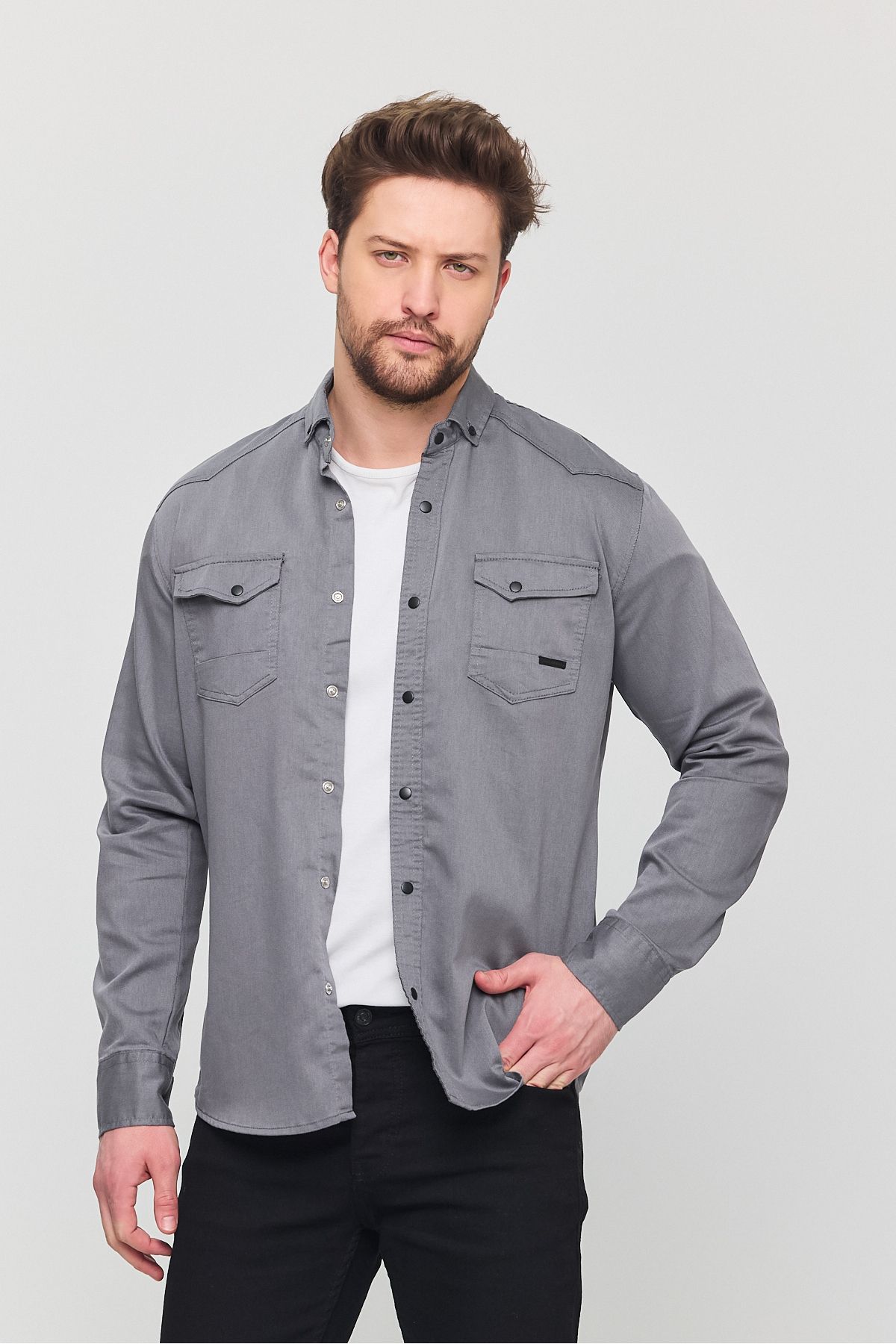 Ofzensport YXC - Slim Fit Erkek Kot Gömlek GRİ