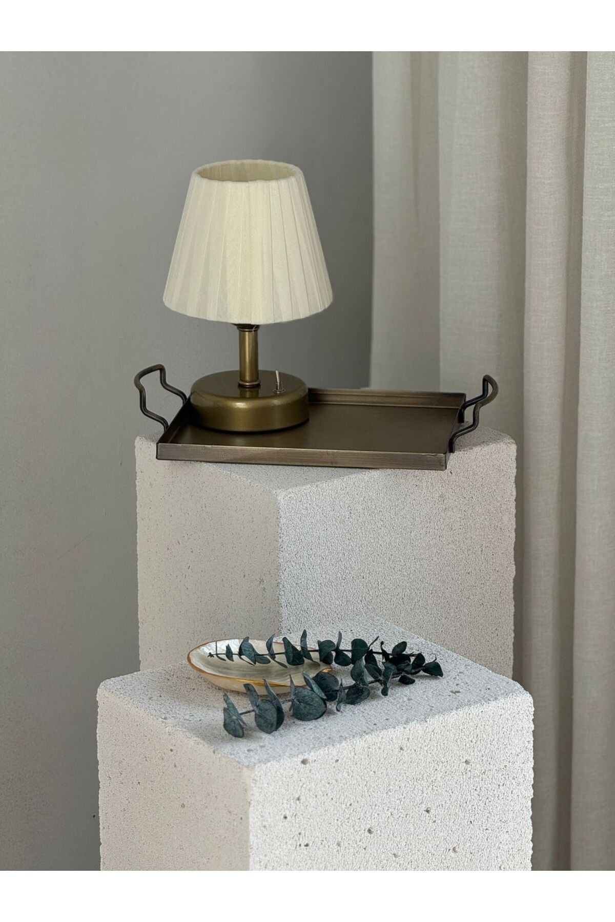 Maison Avf 2'li Set Osmanlı İpeği Kablosuz Masa Lambası Alt Eskitme Gold & Galvaniz Tepsi